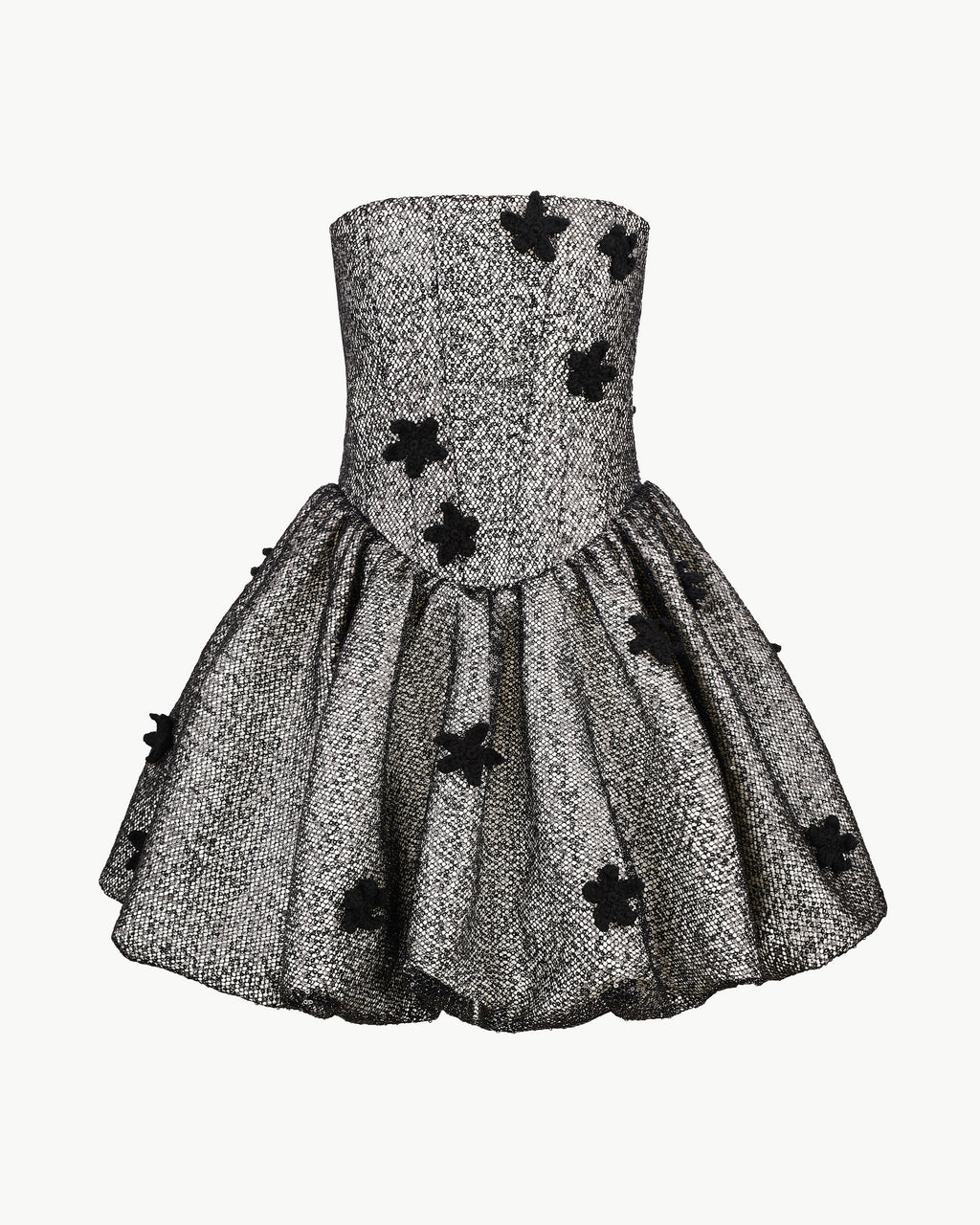 Sequin balloon-hem mini dress with crochet florals in black