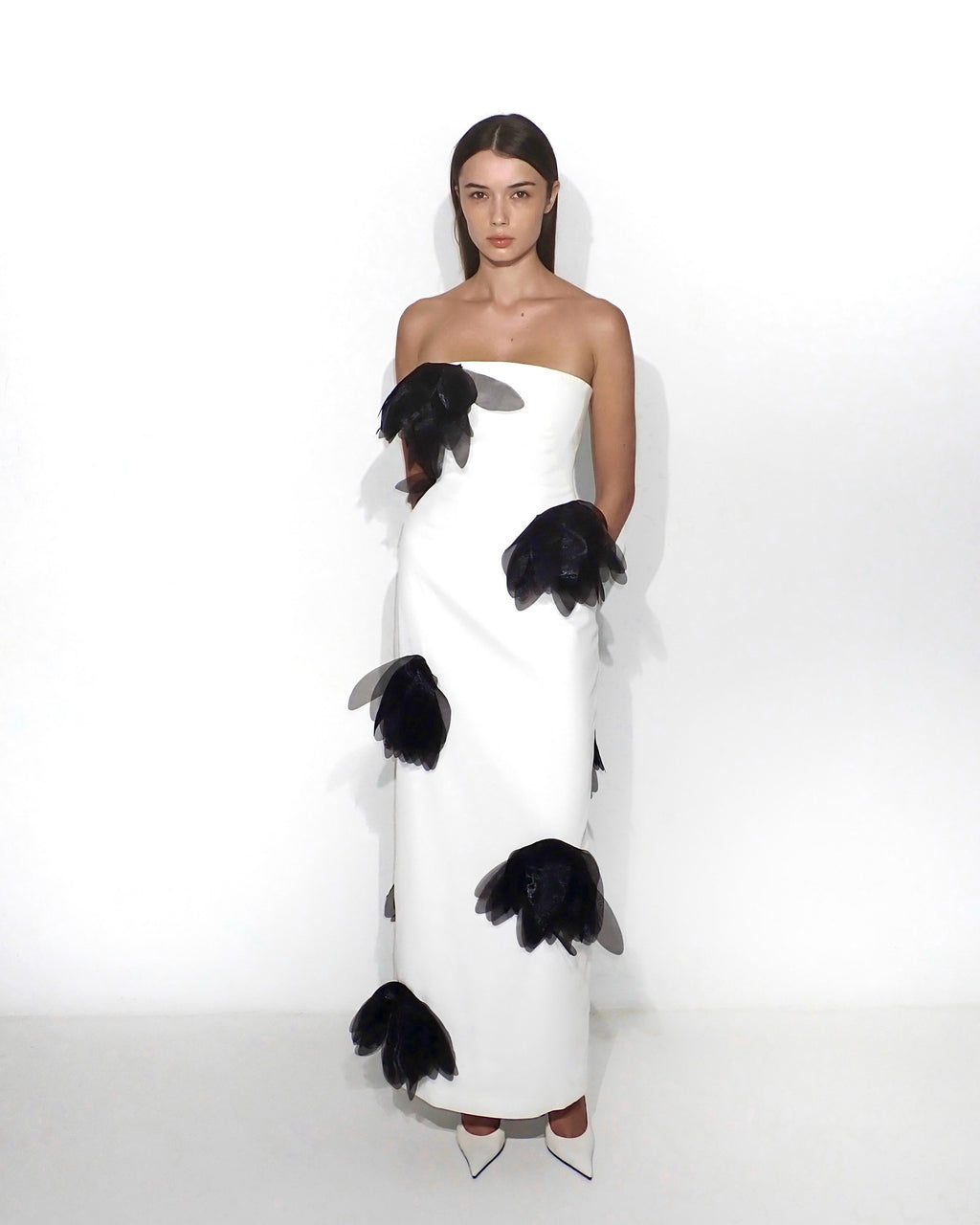 Strapless floral-appliqué column gown in white