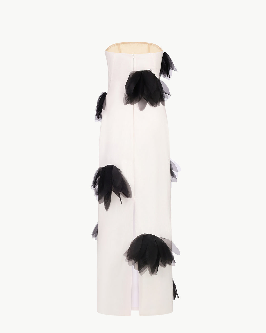 Strapless floral-appliqué column gown in white