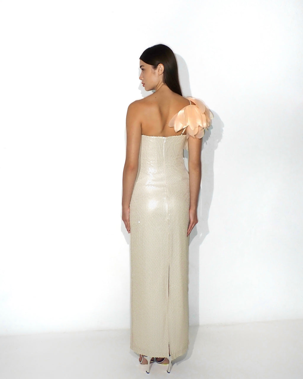 One-shoulder sequin floral gown in beige