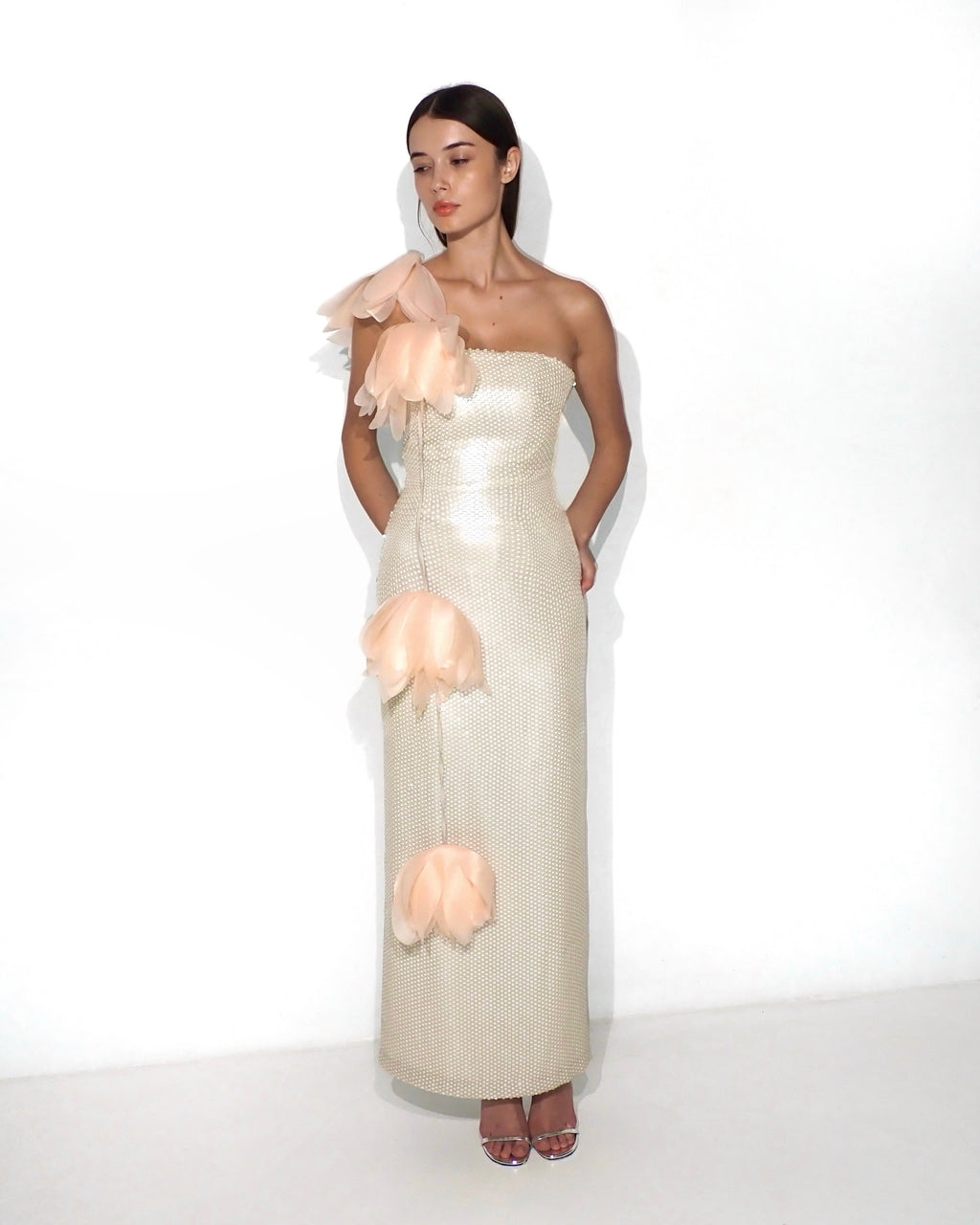 One-shoulder sequin floral gown in beige