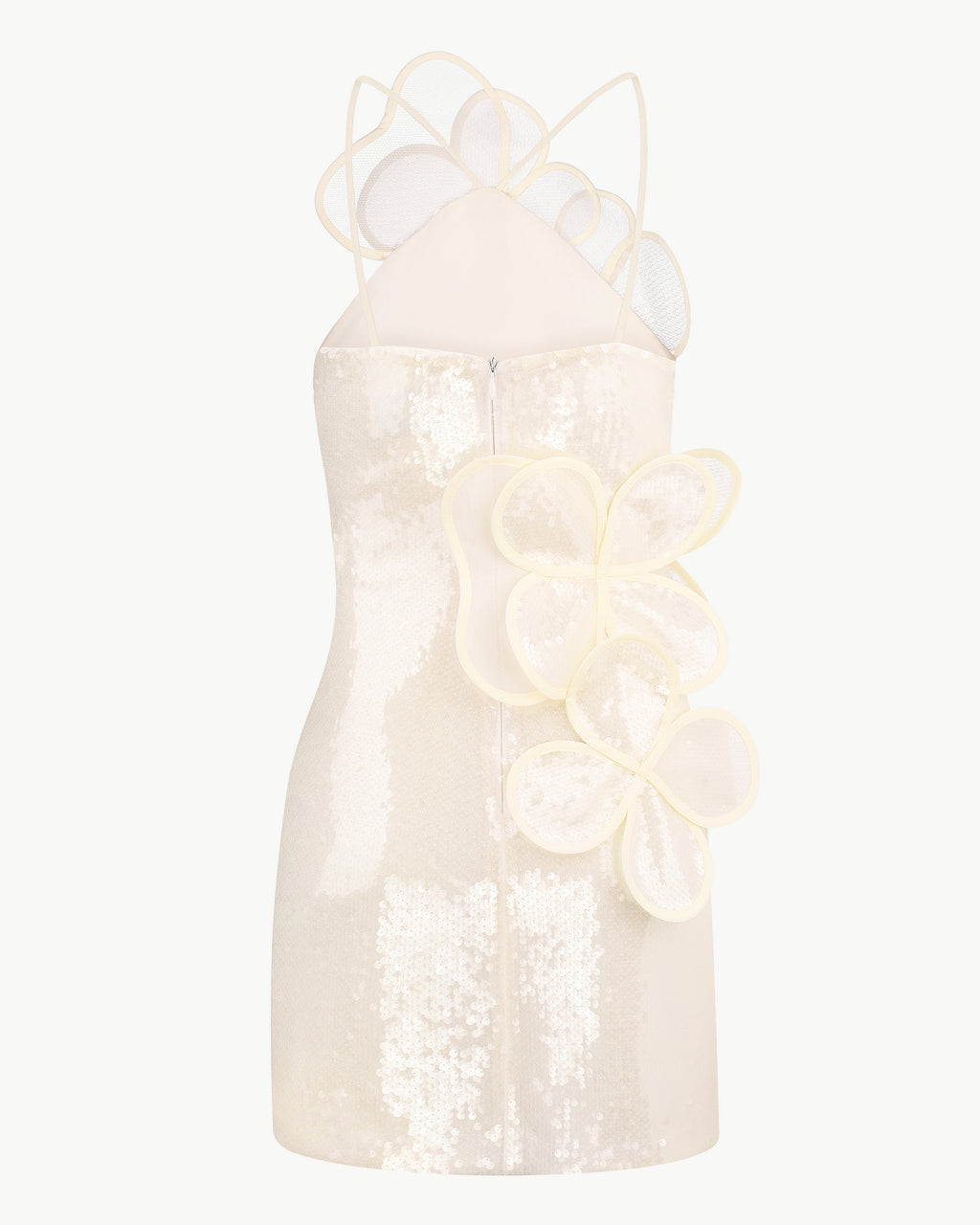Handcrafted sequin mini dress with floral appliqués in beige