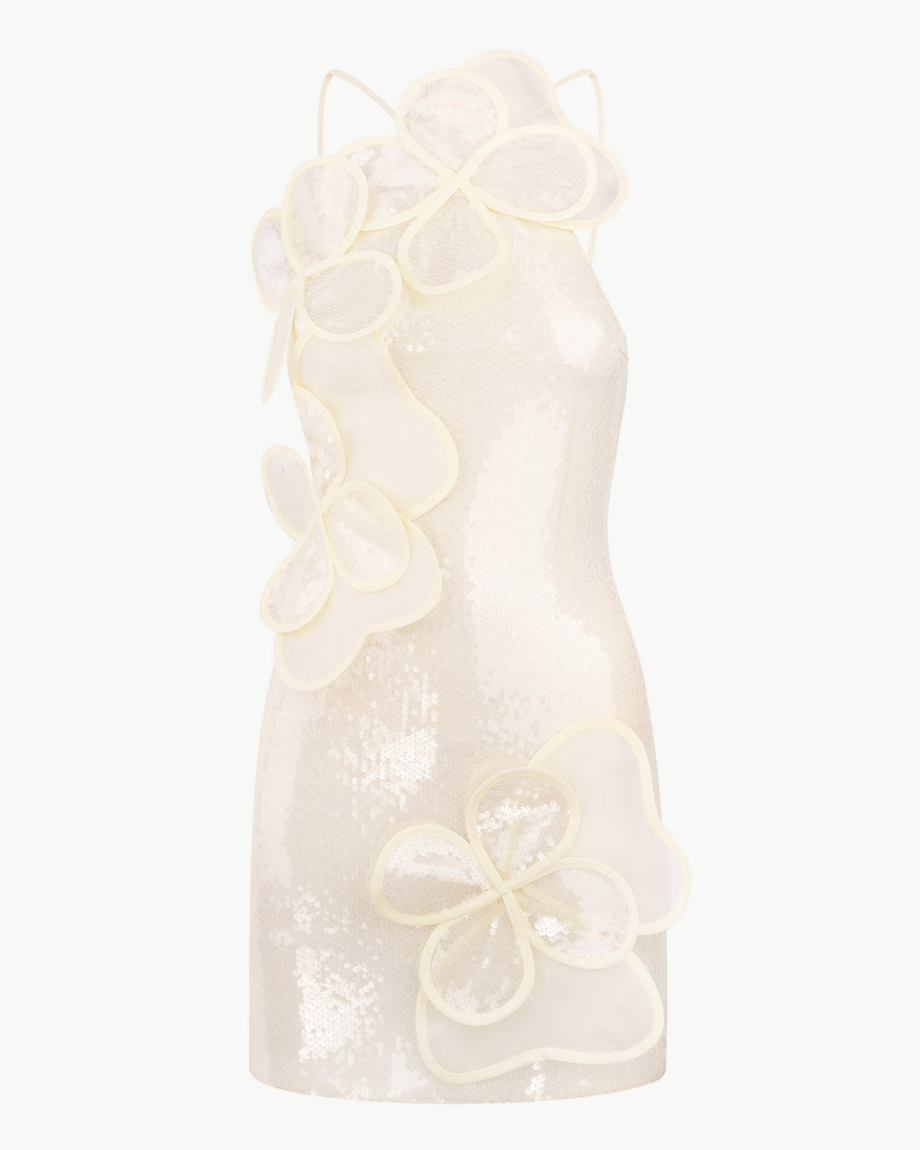 Handcrafted sequin mini dress with floral appliqués in beige