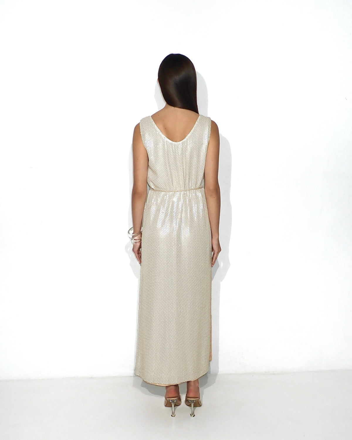 Sleeveless sequin maxi dress with floral tassels in beige