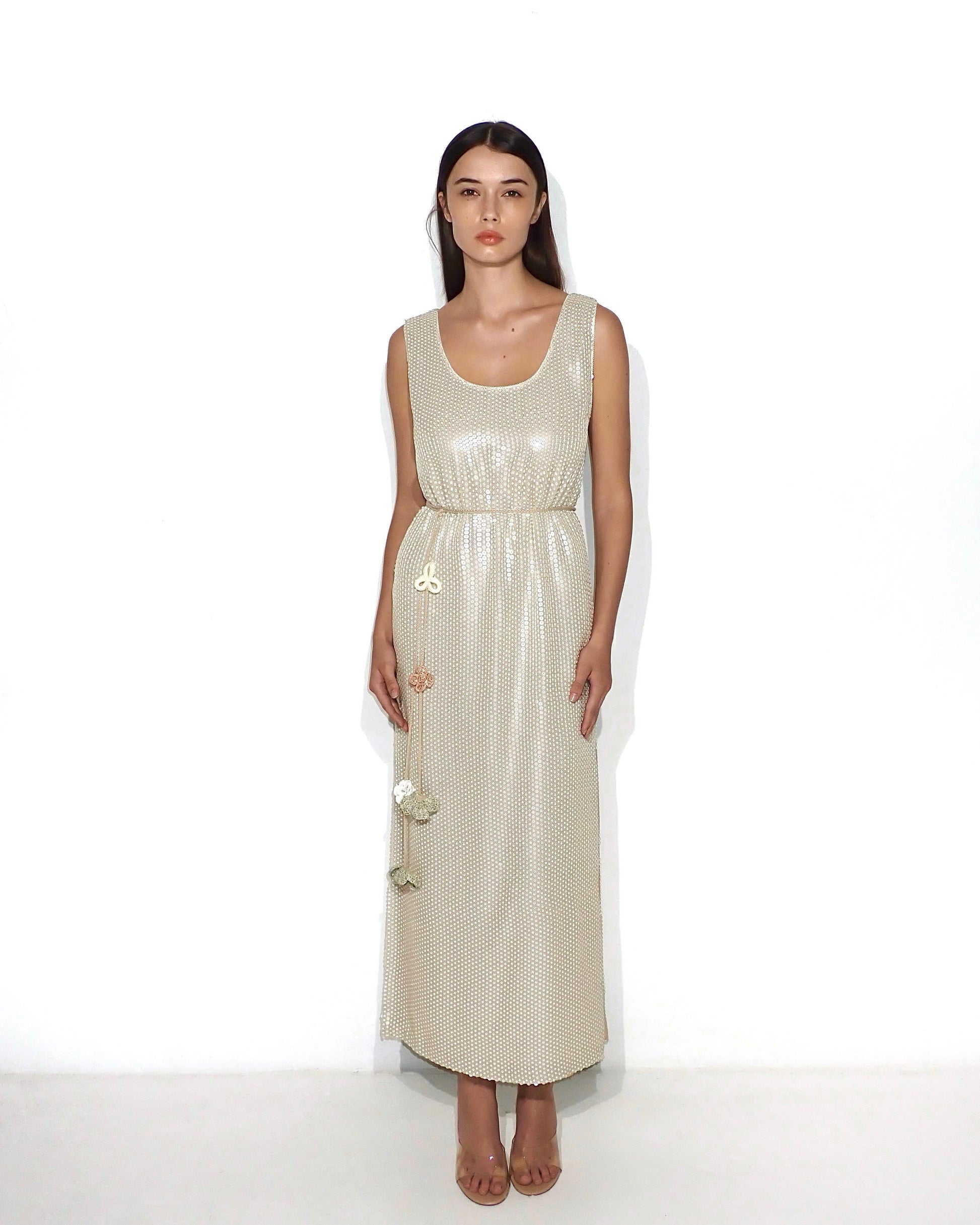 Sleeveless sequin maxi dress with floral tassels in beige