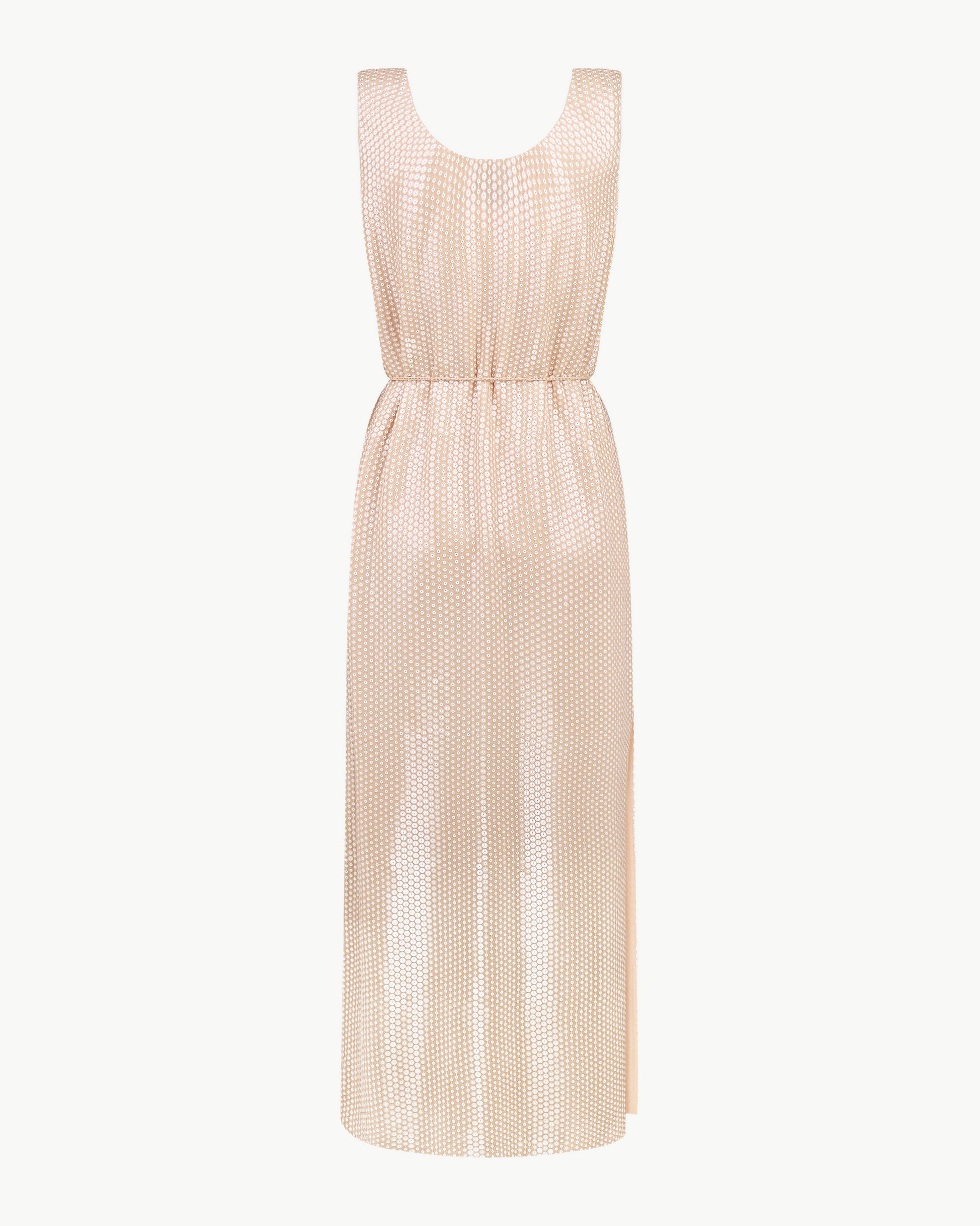 Sleeveless sequin maxi dress with floral tassels in beige