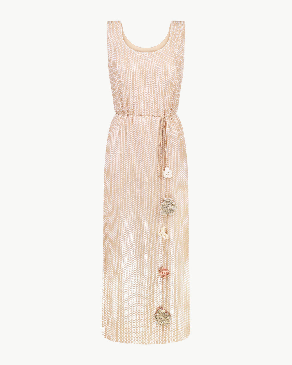 Sleeveless sequin maxi dress with floral tassels in beige