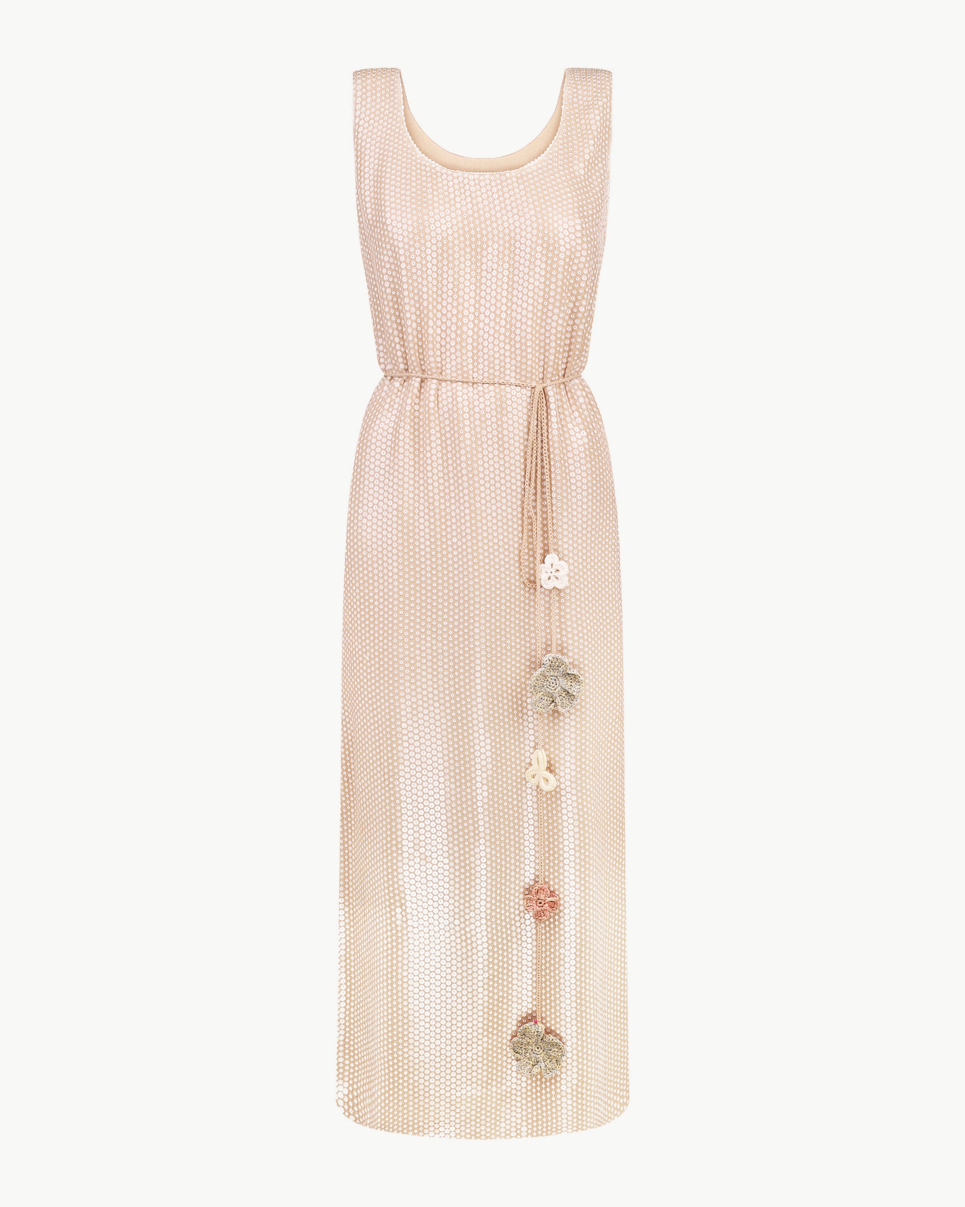 Sleeveless sequin maxi dress with floral tassels in beige