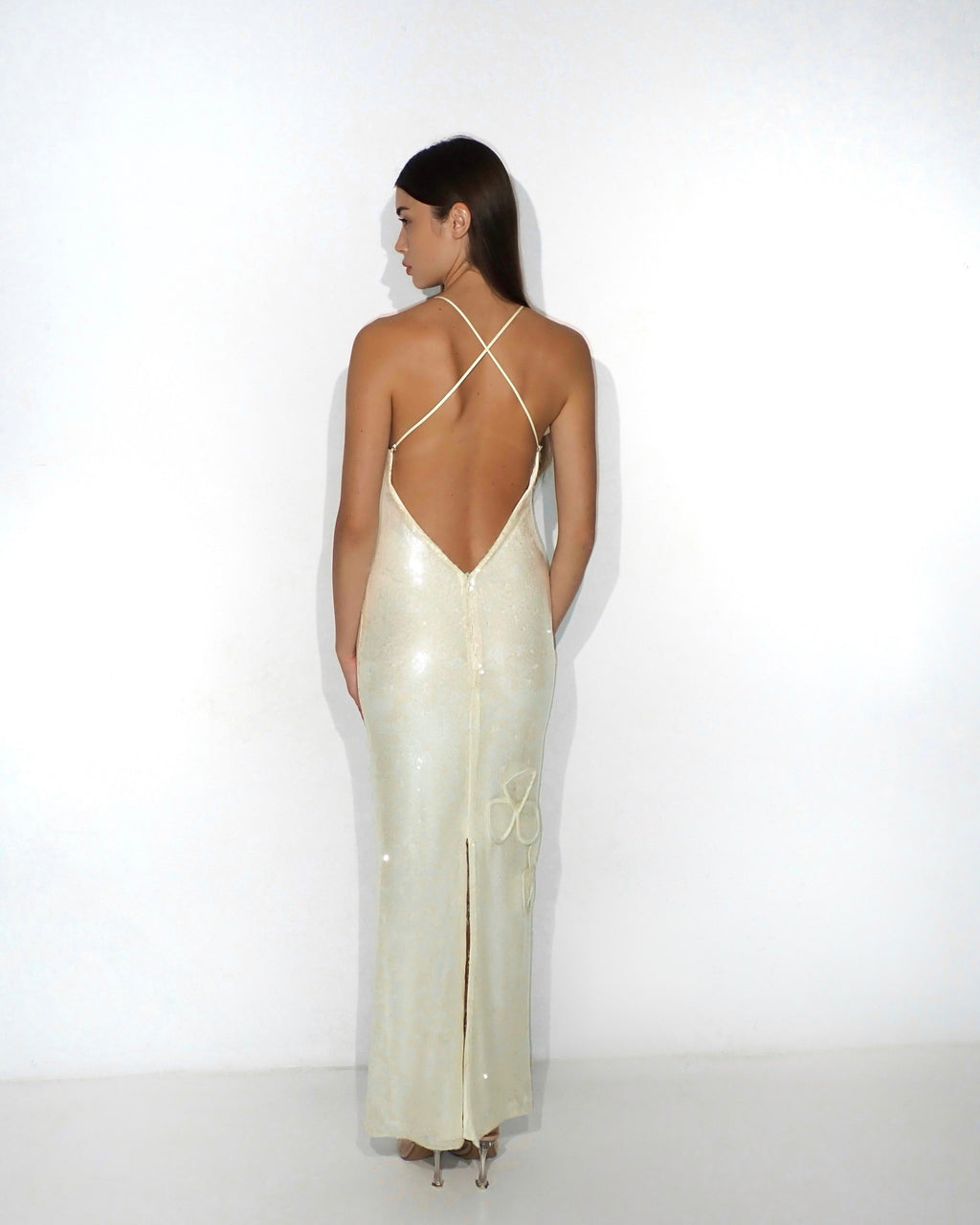 Sequin maxi bustier gown with petal appliquc