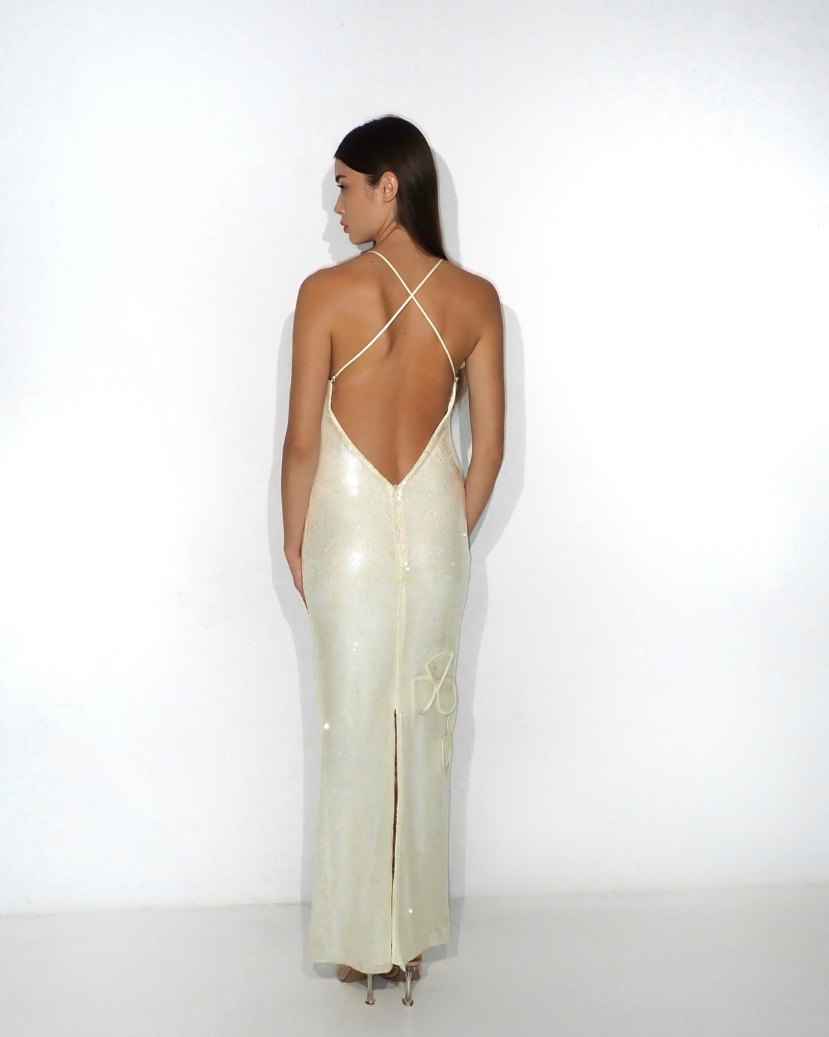 Sequin maxi bustier gown with petal appliquc