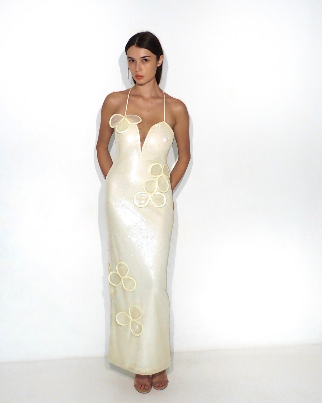 Sequin maxi bustier gown with petal appliquc