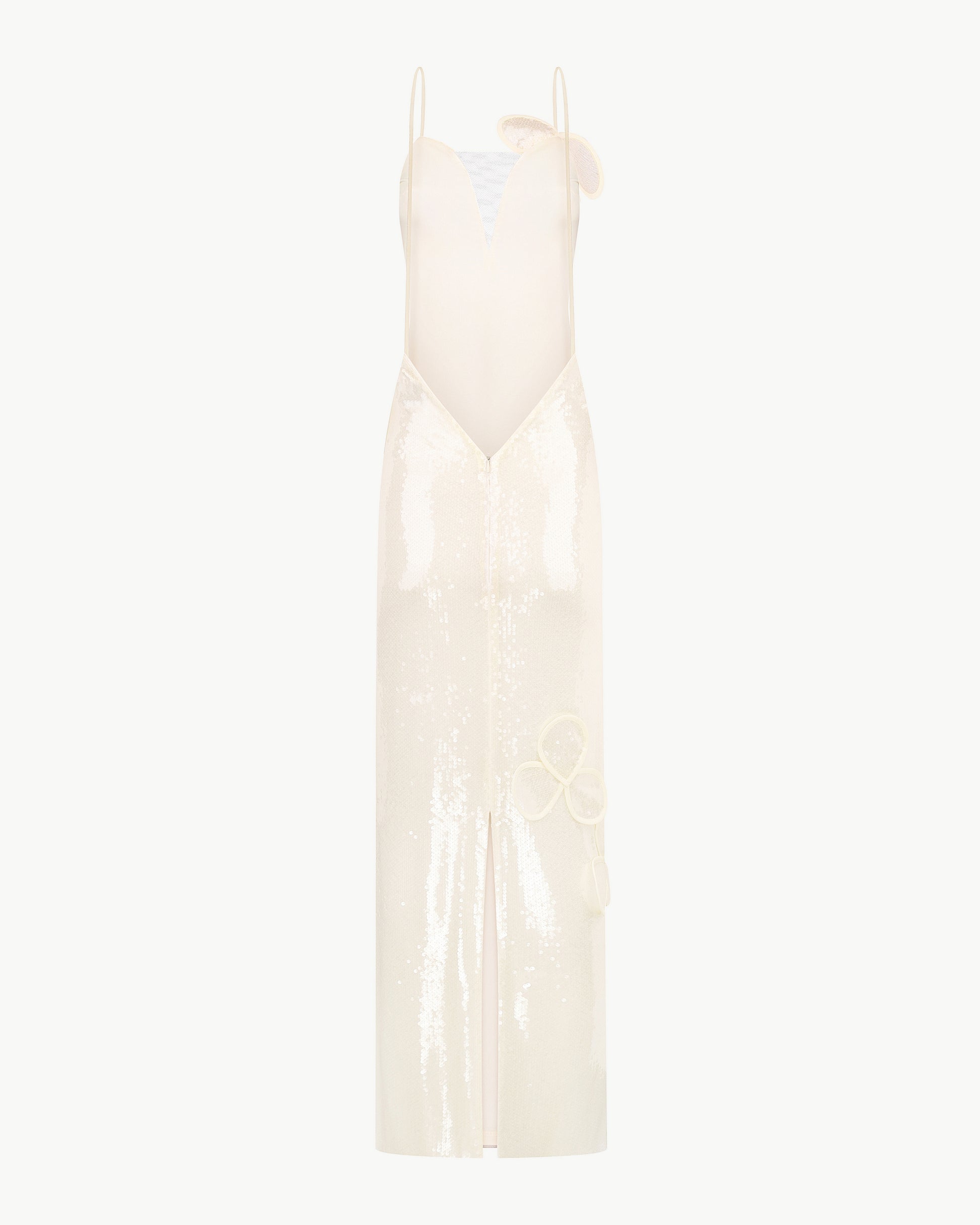 Sequin maxi bustier gown with petal appliquc