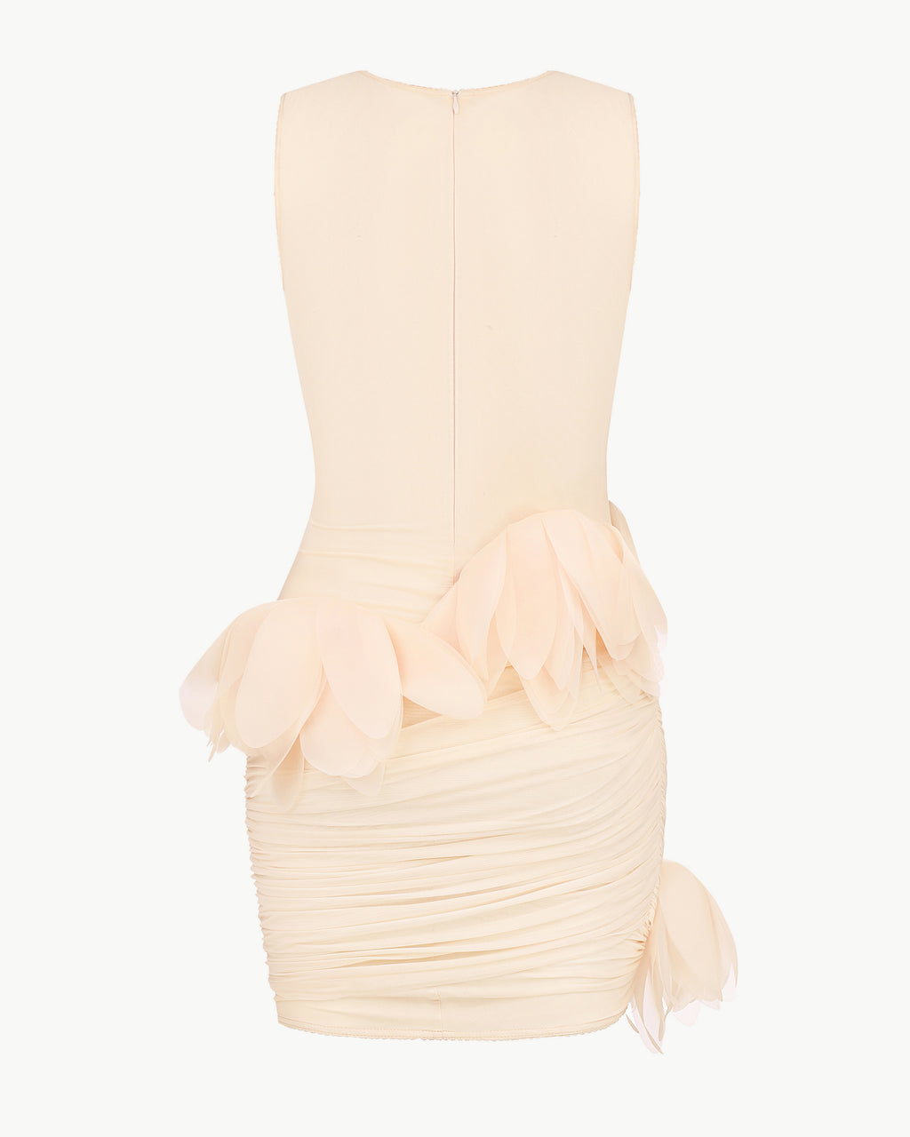 Draped mini dress with oversized florals in light apricot