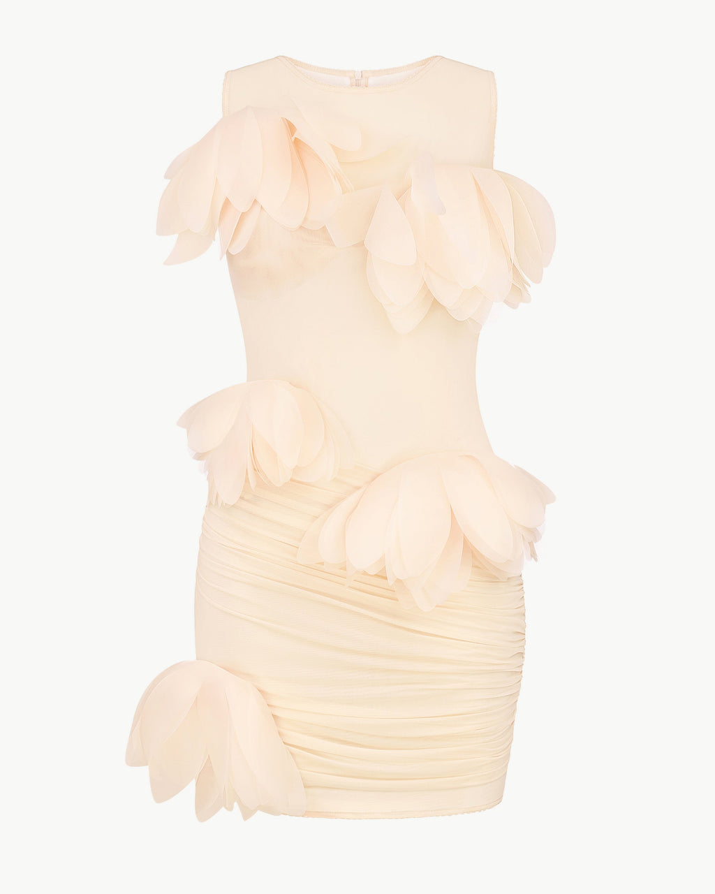 Draped mini dress with ruched detailing and oversized floral appliqués