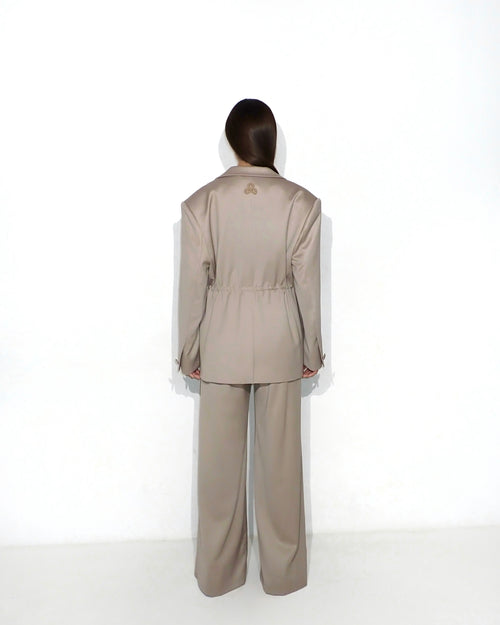 Bias-cut flared pants with slip detail in cappuccino