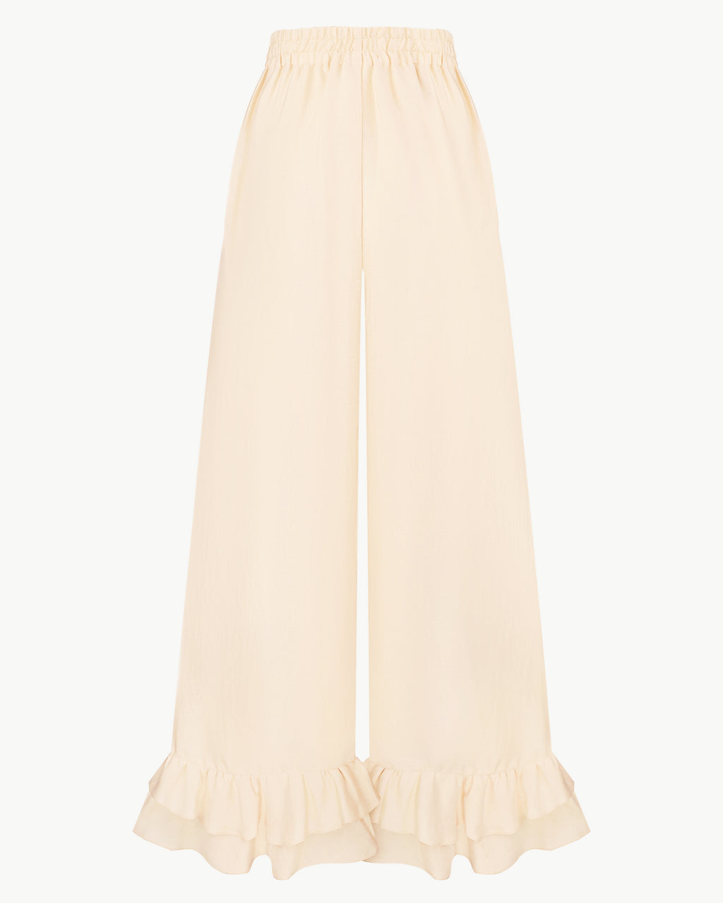 Wide-leg ruffle-hem trousers in light apricot