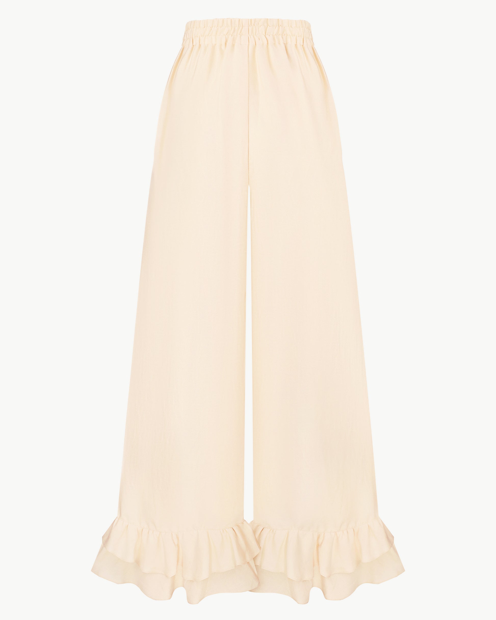 Wide-leg ruffle-hem trousers in light apricot