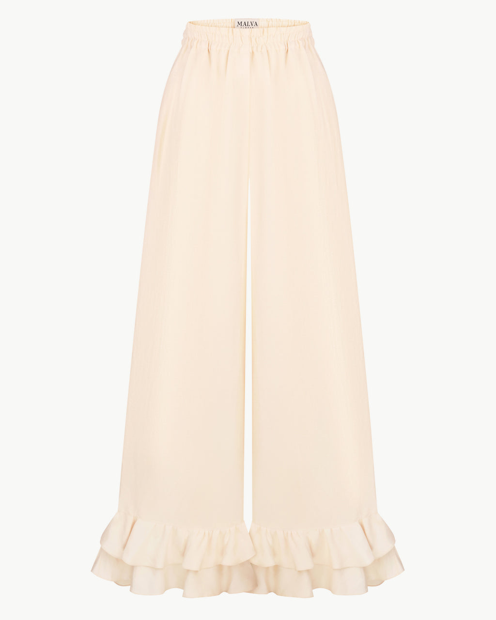 Wide-leg ruffle-hem trousers in light apricot