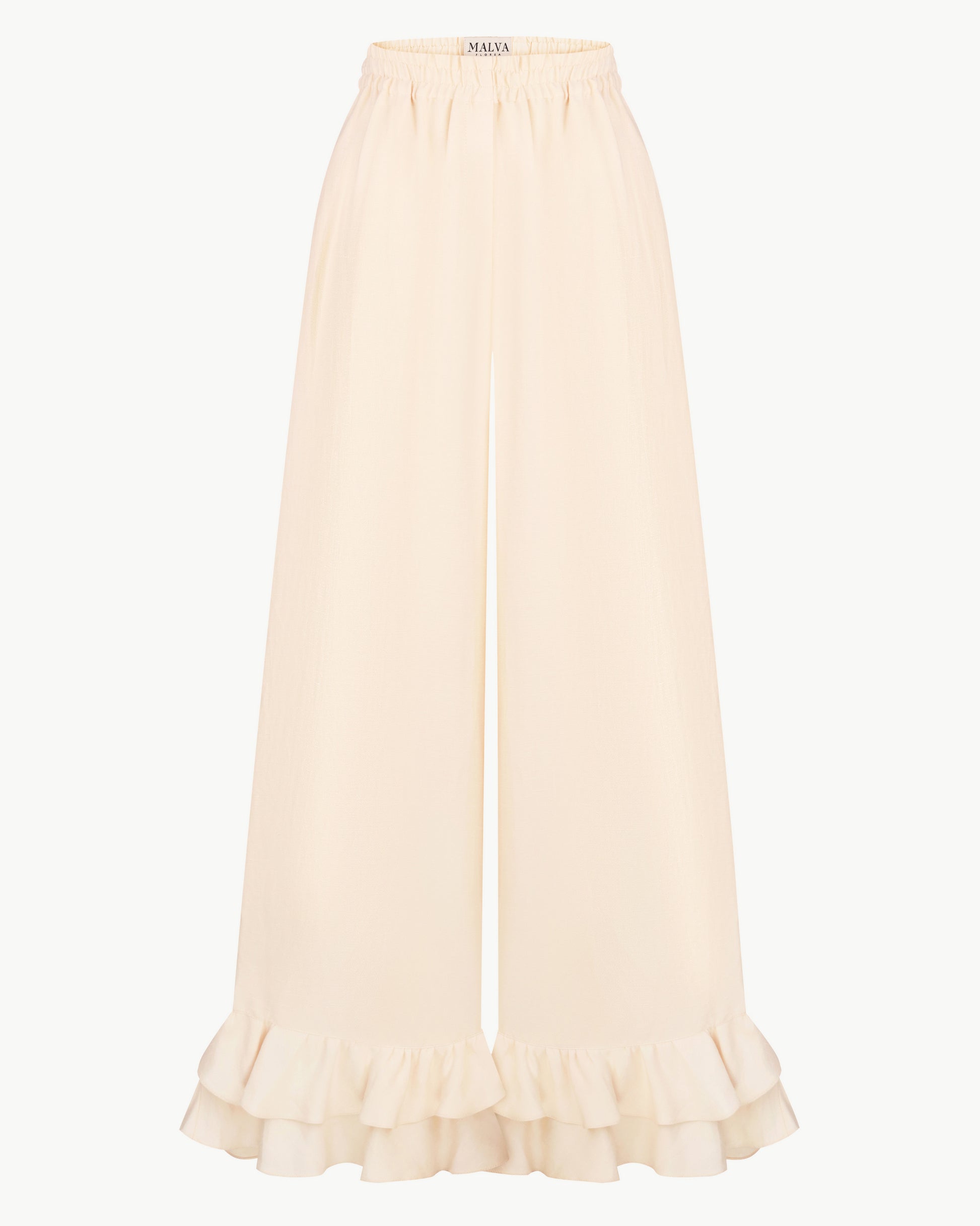 Wide-leg ruffle-hem trousers in light apricot