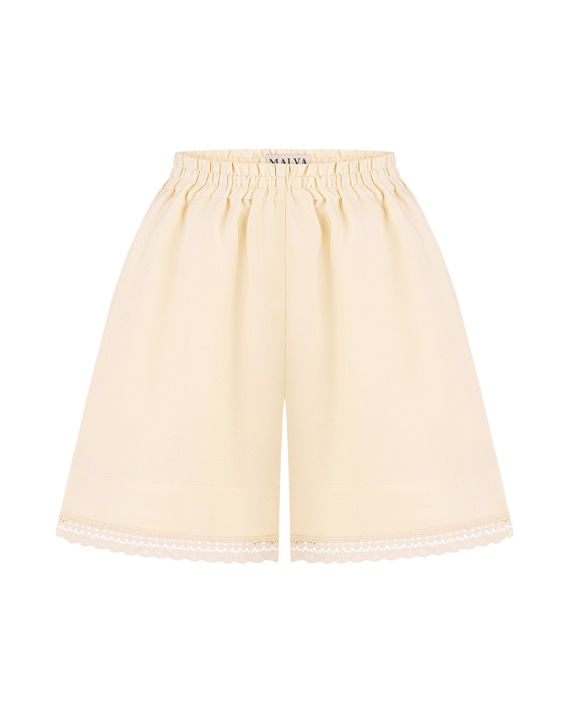 Lace-trimmed high-waisted shorts in light apricot