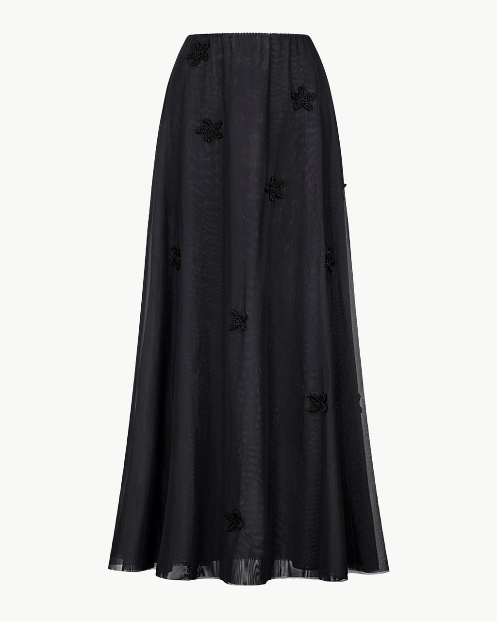 Flowing mesh floral-appliqué maxi skirt in black