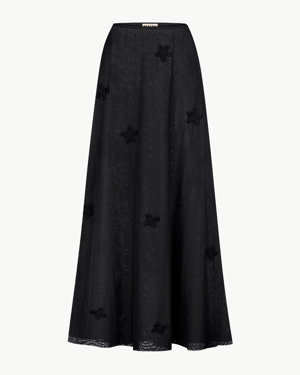 Flowing mesh floral-appliqué maxi skirt in black