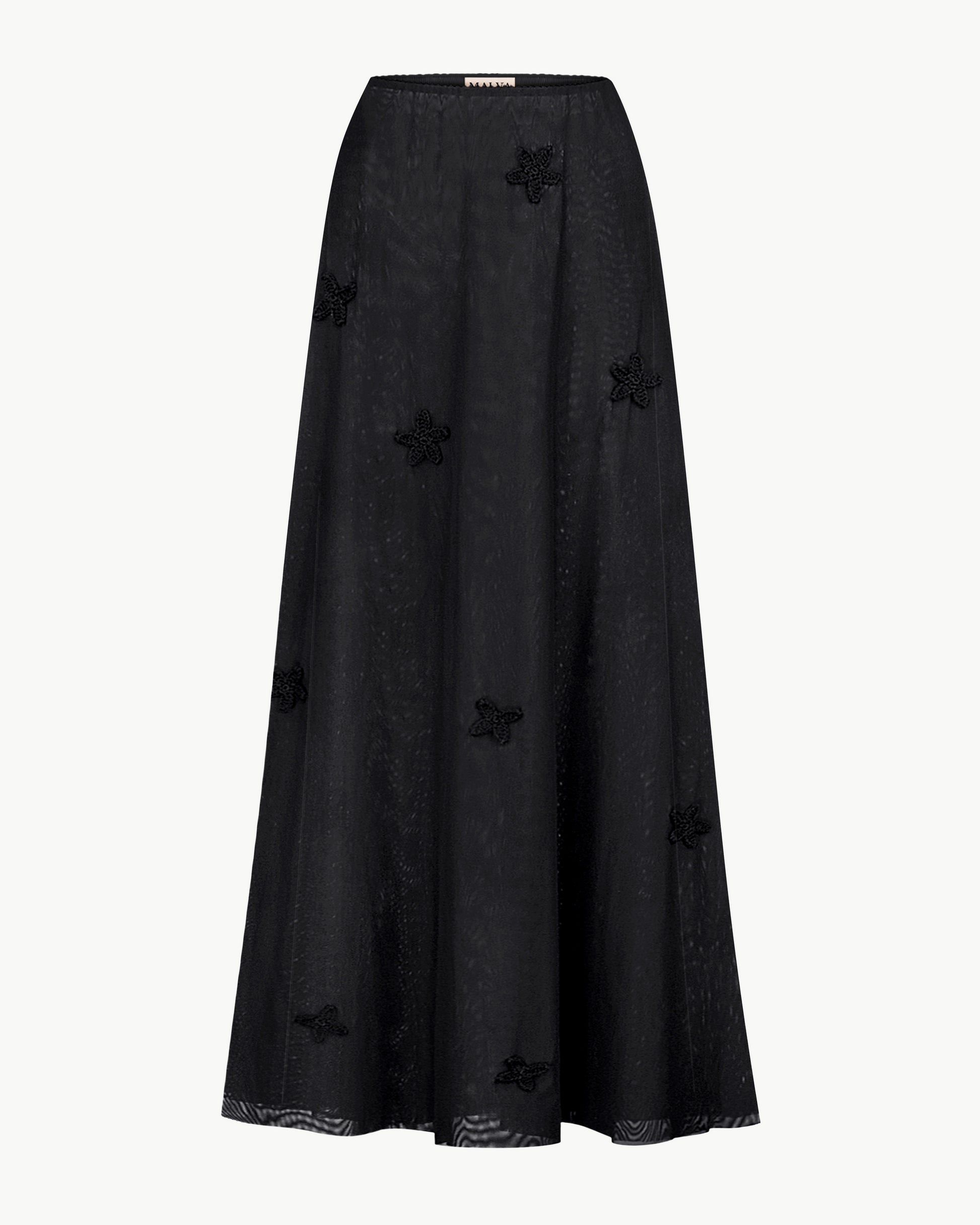 Flowing mesh floral-appliqué maxi skirt in black
