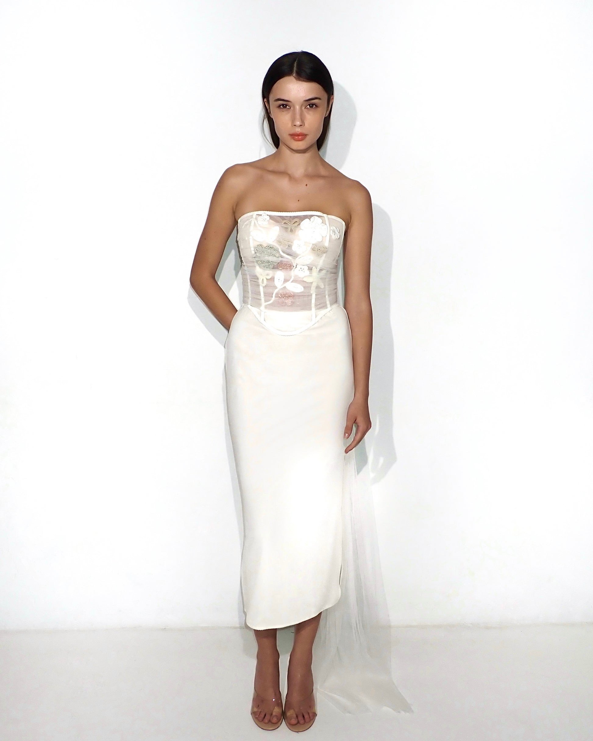 Strapless corset top with 3D crochet florals in white