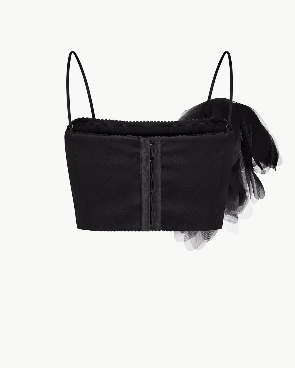 Spaghetti-strap floral-appliqué cropped top in black