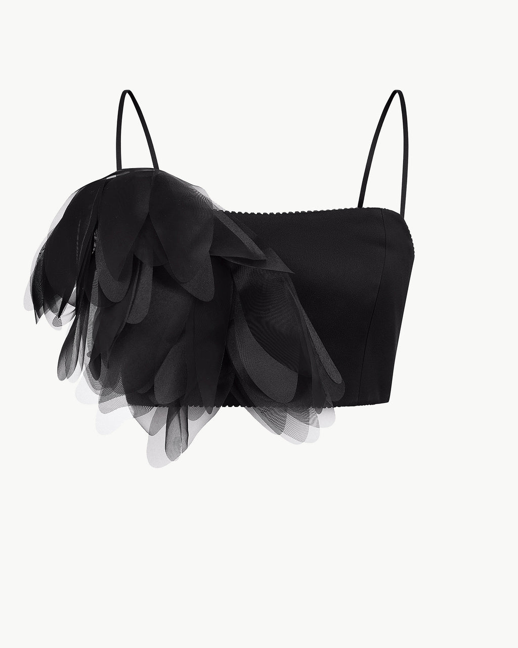 Spaghetti-strap floral-appliqué cropped top in black