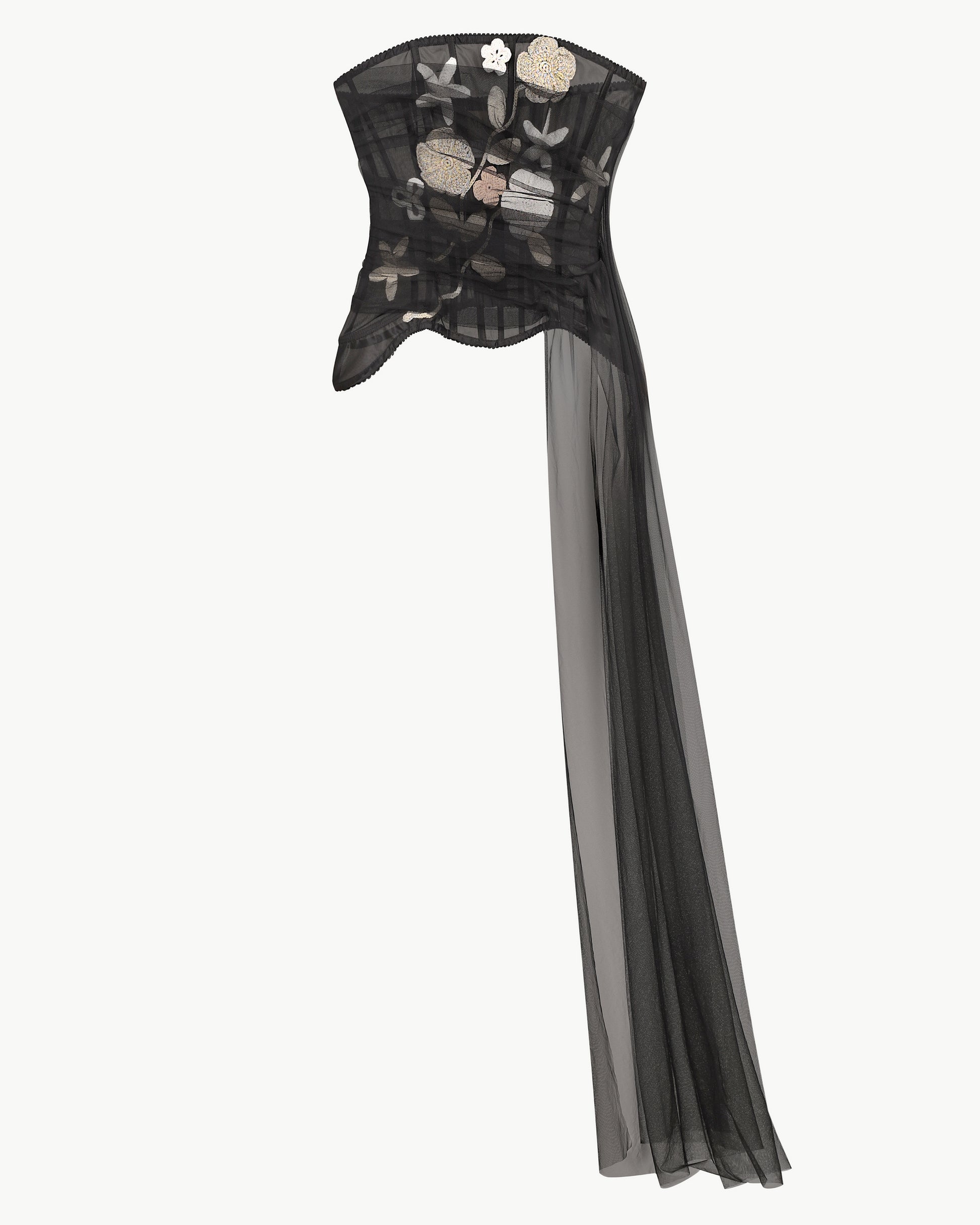 Strapless corset top with 3D crochet florals in black