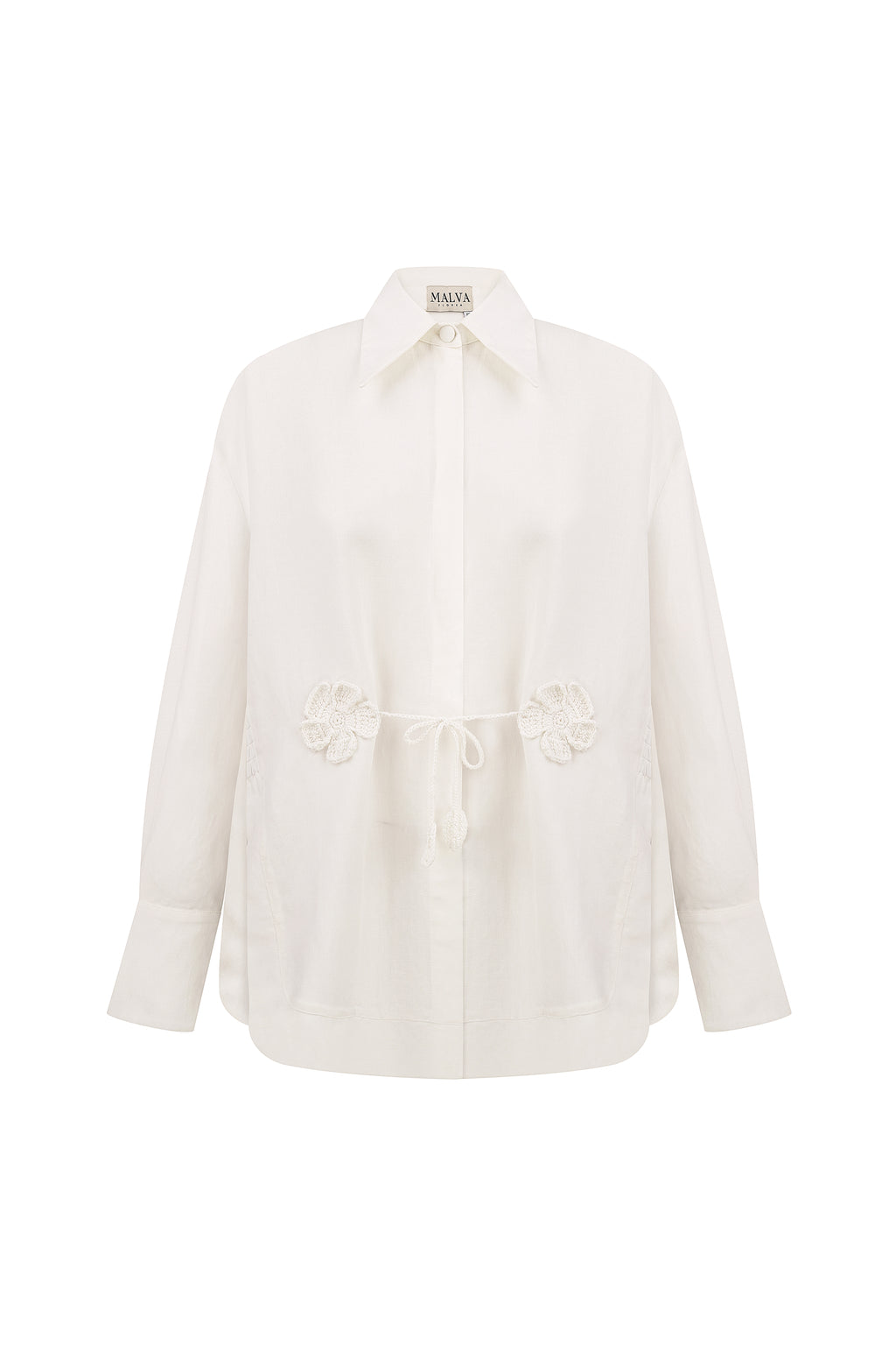 Linen-viscose blouse with crochet florals in ivory