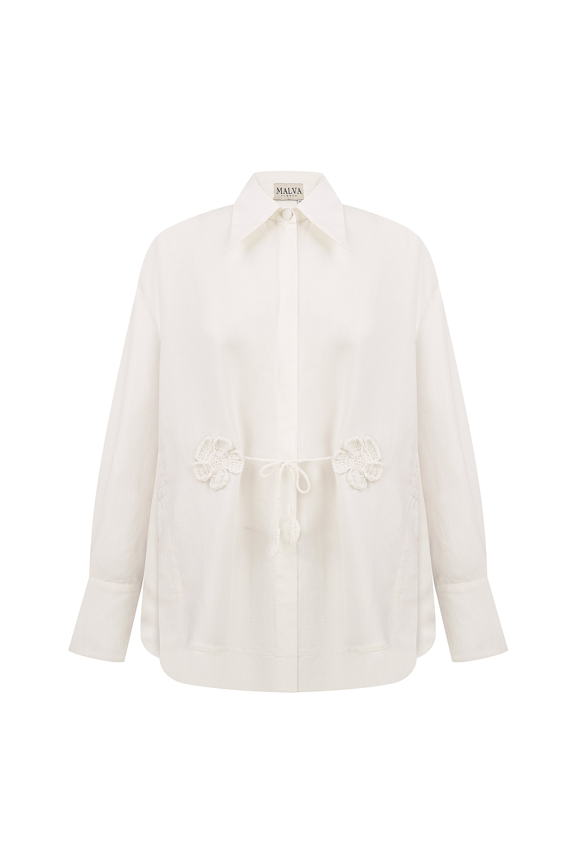 Linen-viscose blouse with crochet florals in ivory