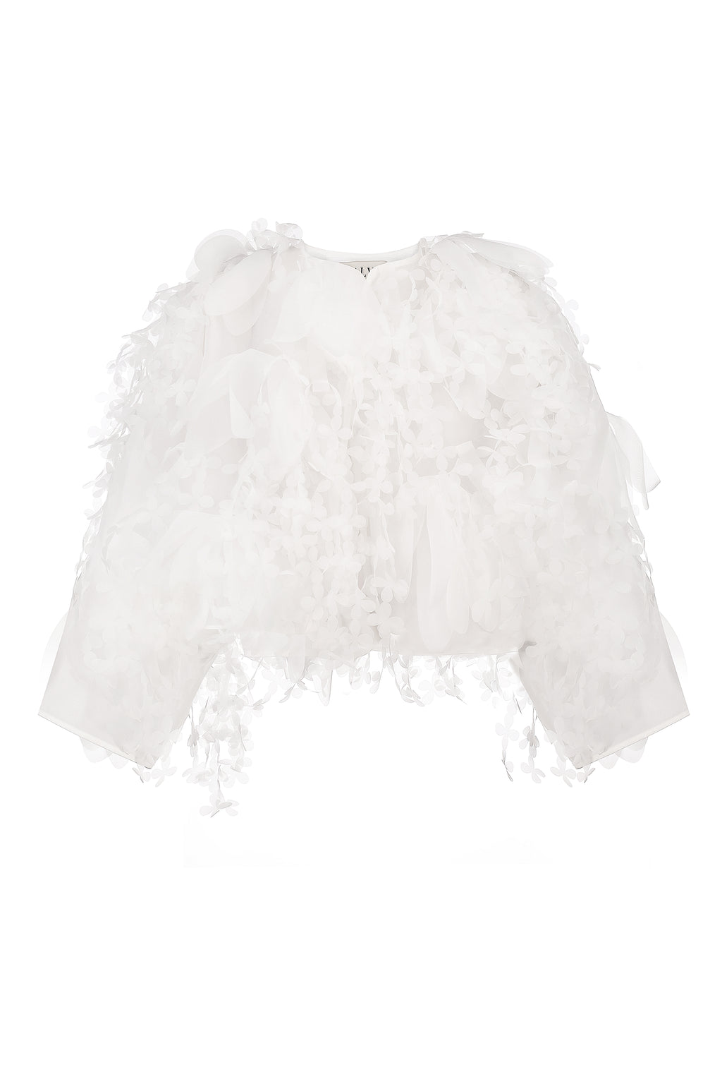 Voluminous sheer floral-appliqué blouse in white