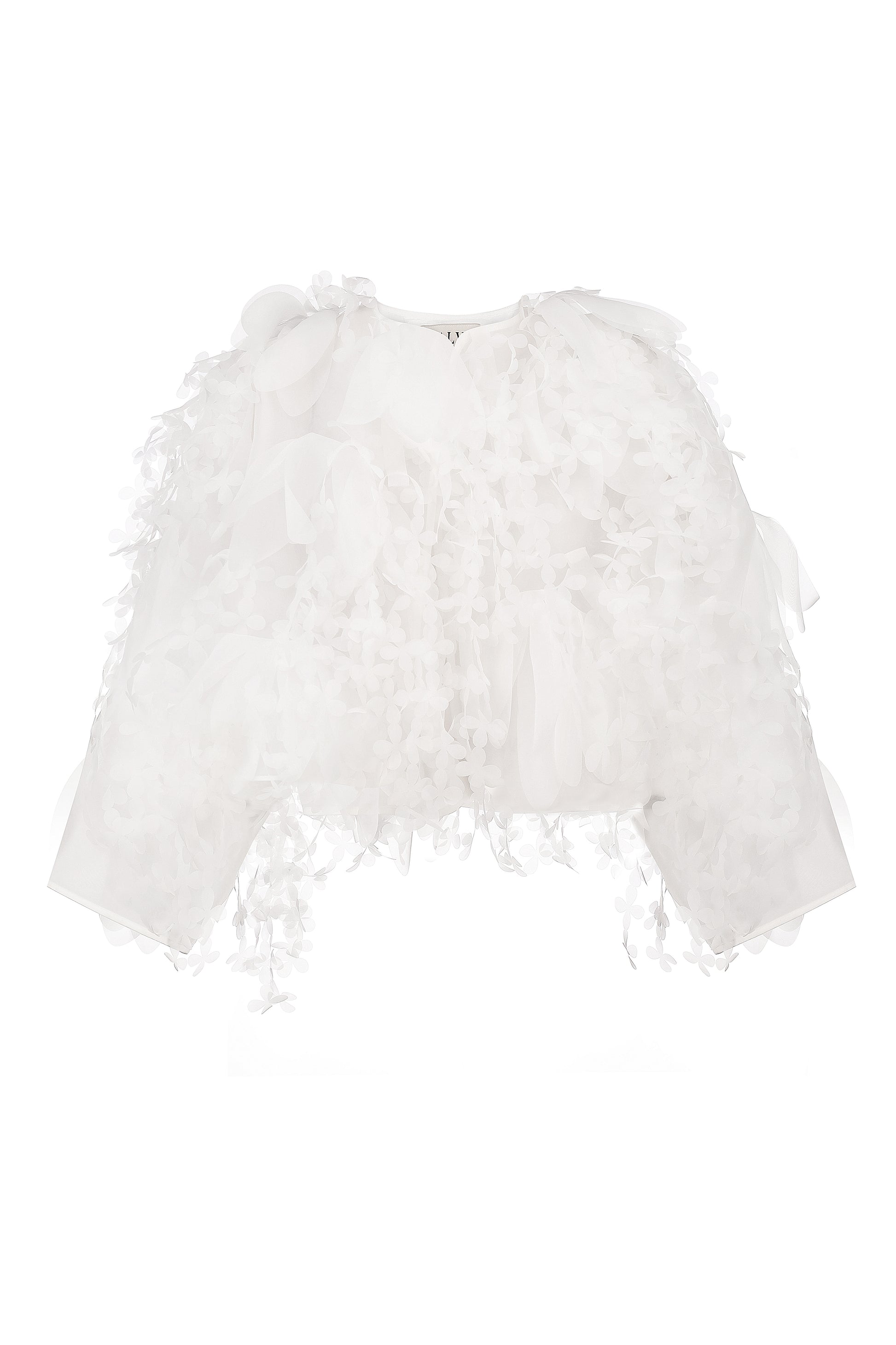 Voluminous sheer floral-appliqué blouse in white