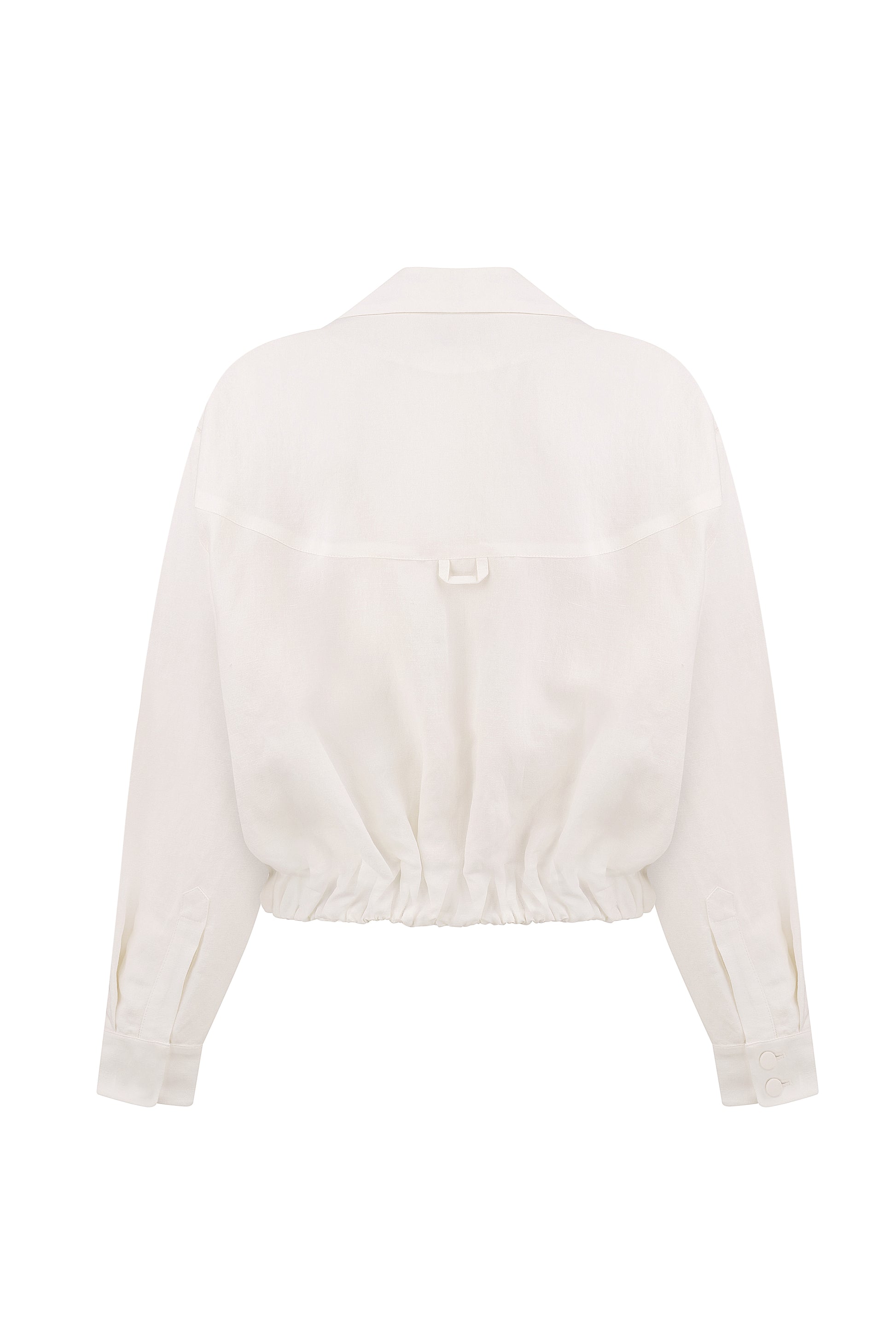 Cropped linen blazer with architectural pockets in ivory