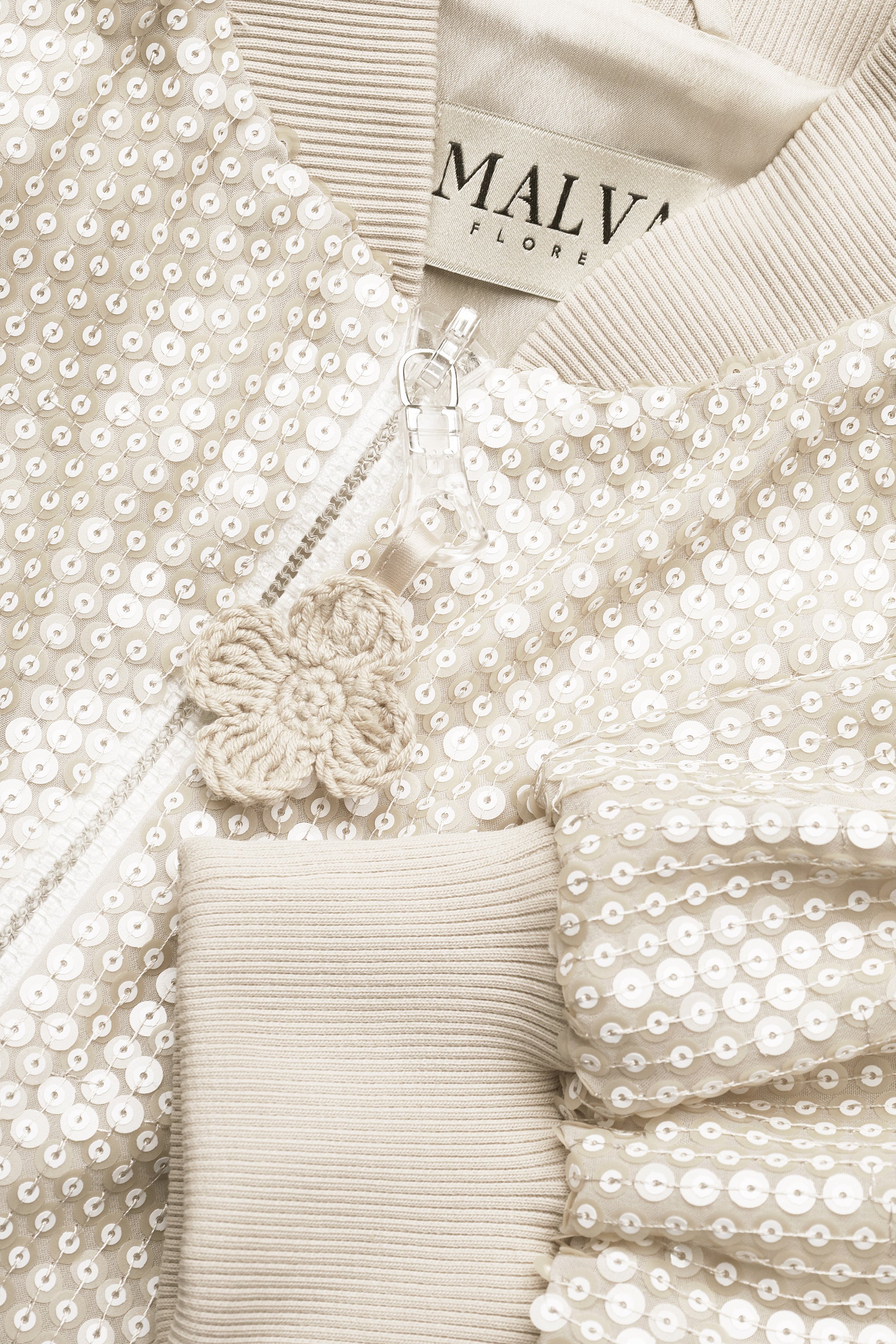 Sequined blazer with crochet closure in beige