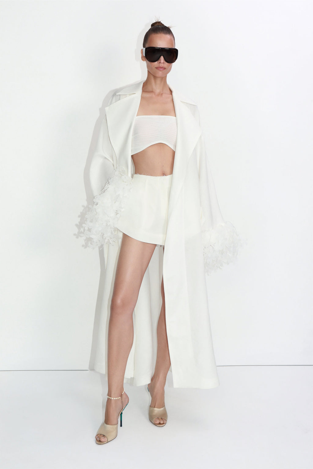 Linen-viscose cape trench coat with floral sleeve appliqués