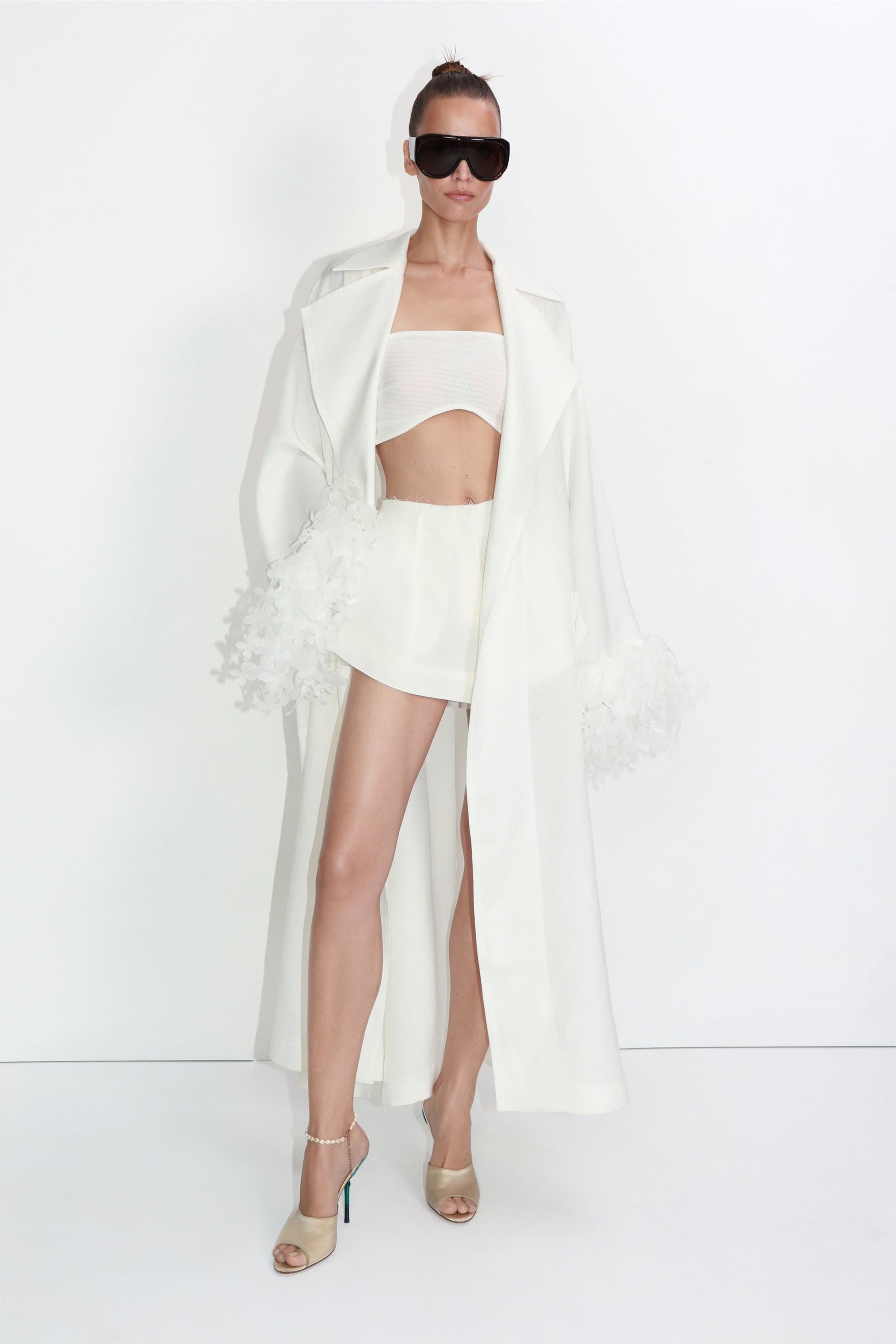 Linen-viscose cape trench coat with floral sleeve appliqués