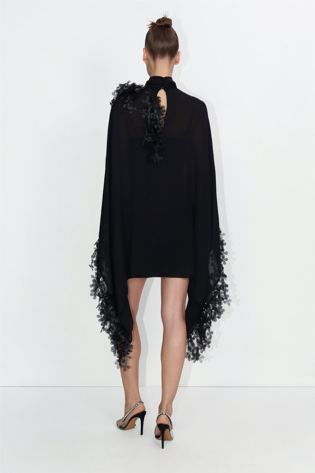 Slip dress with floral appliqué cape in black
