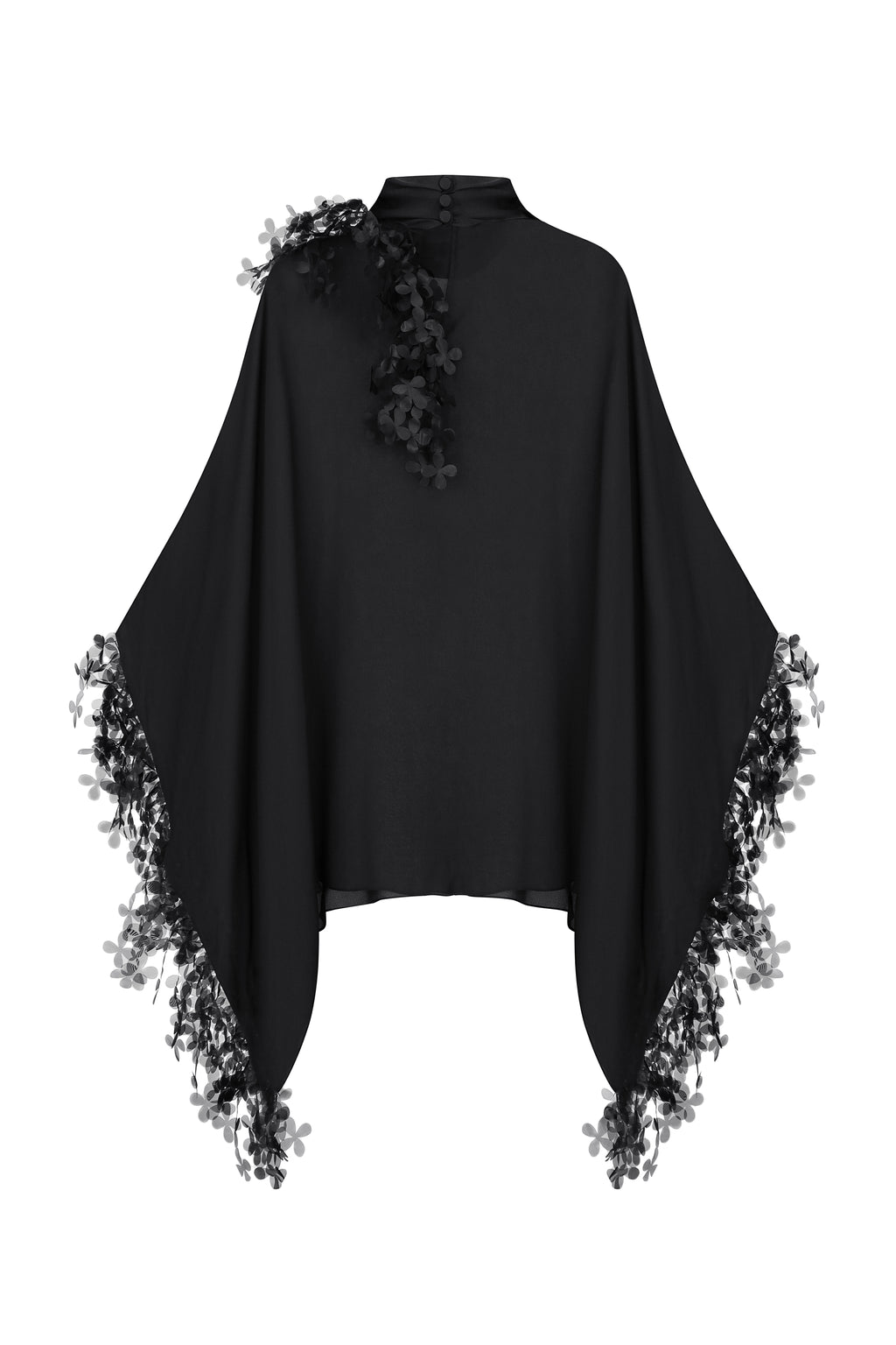 Slip dress with floral appliqué cape in black