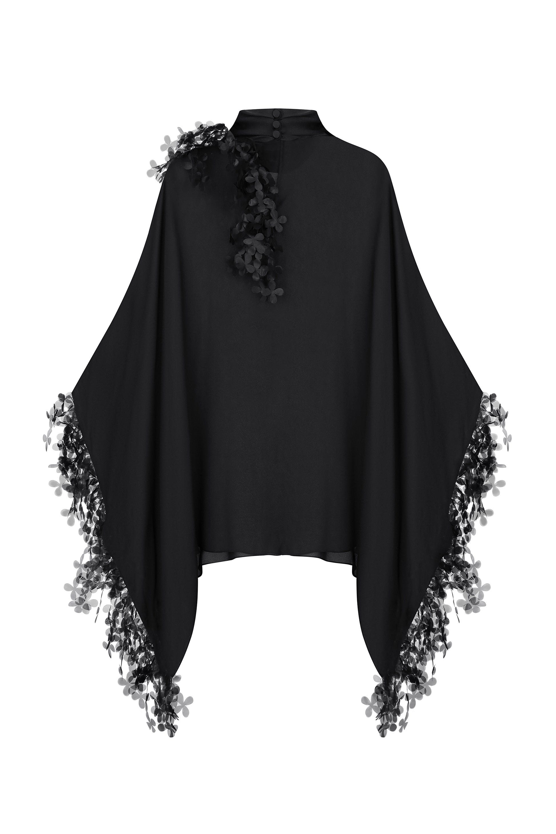 Slip dress with floral appliqué cape in black