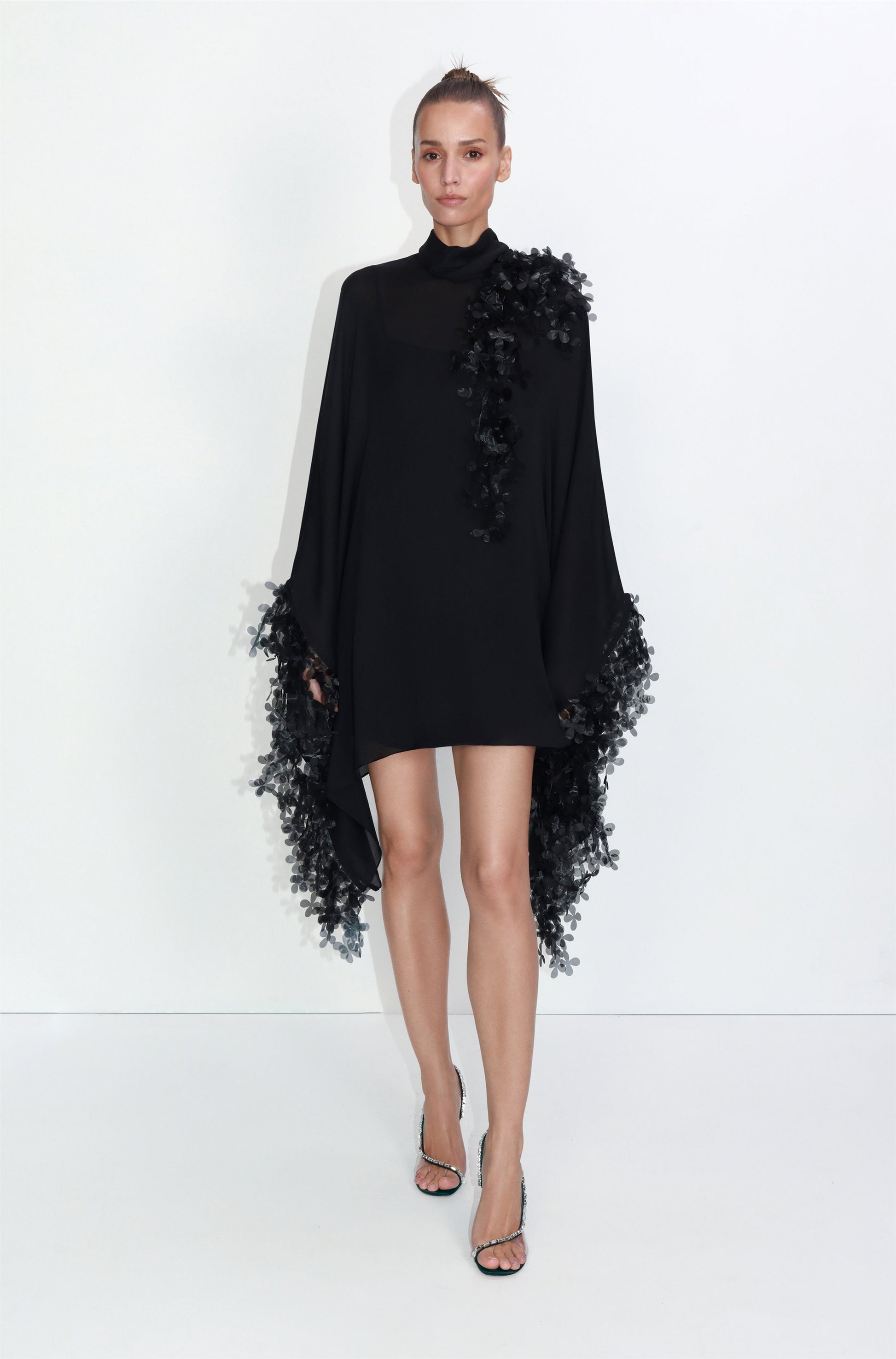 Two-piece slip dress with silk cape and floral appliqués