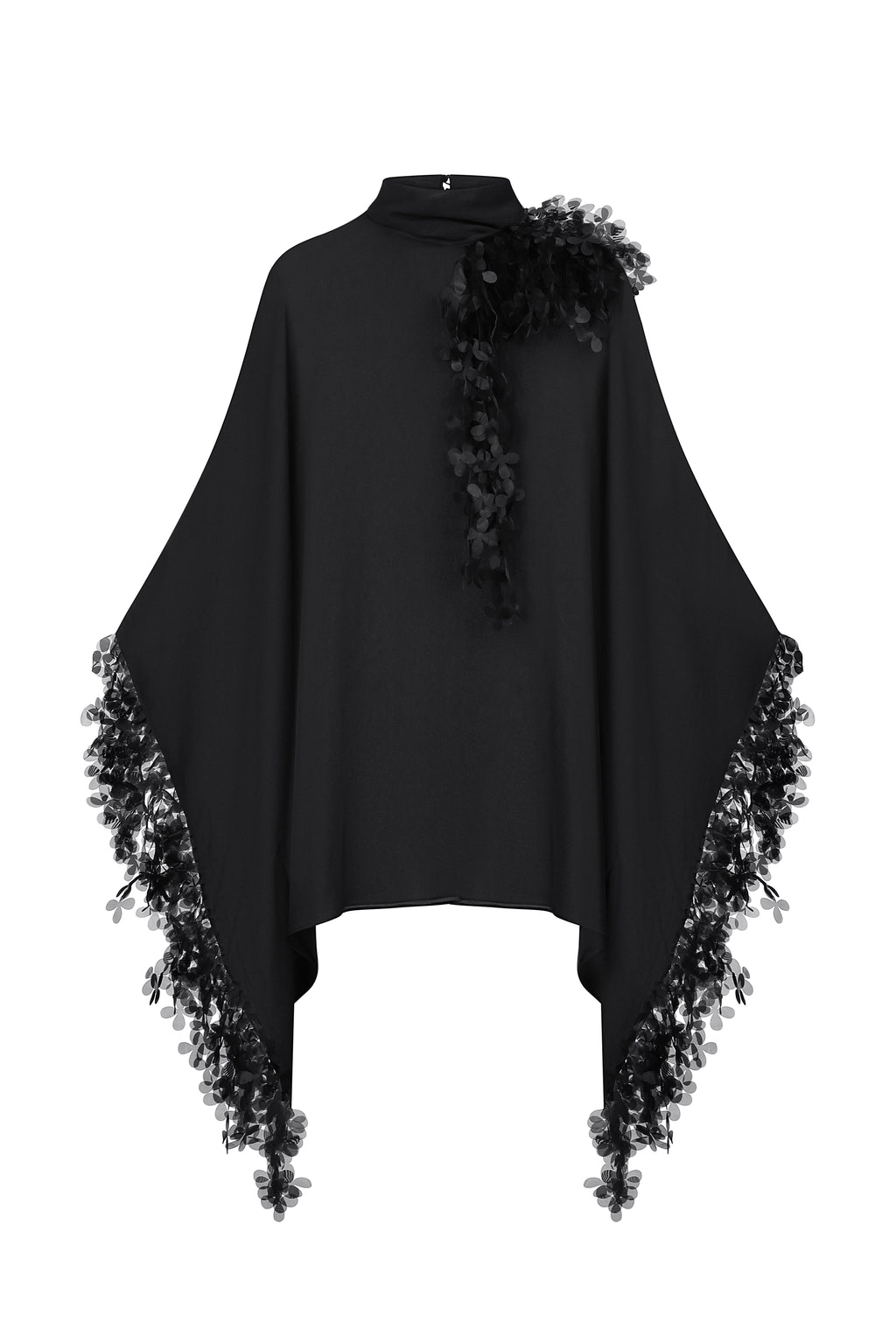 Slip dress with floral appliqué cape in black