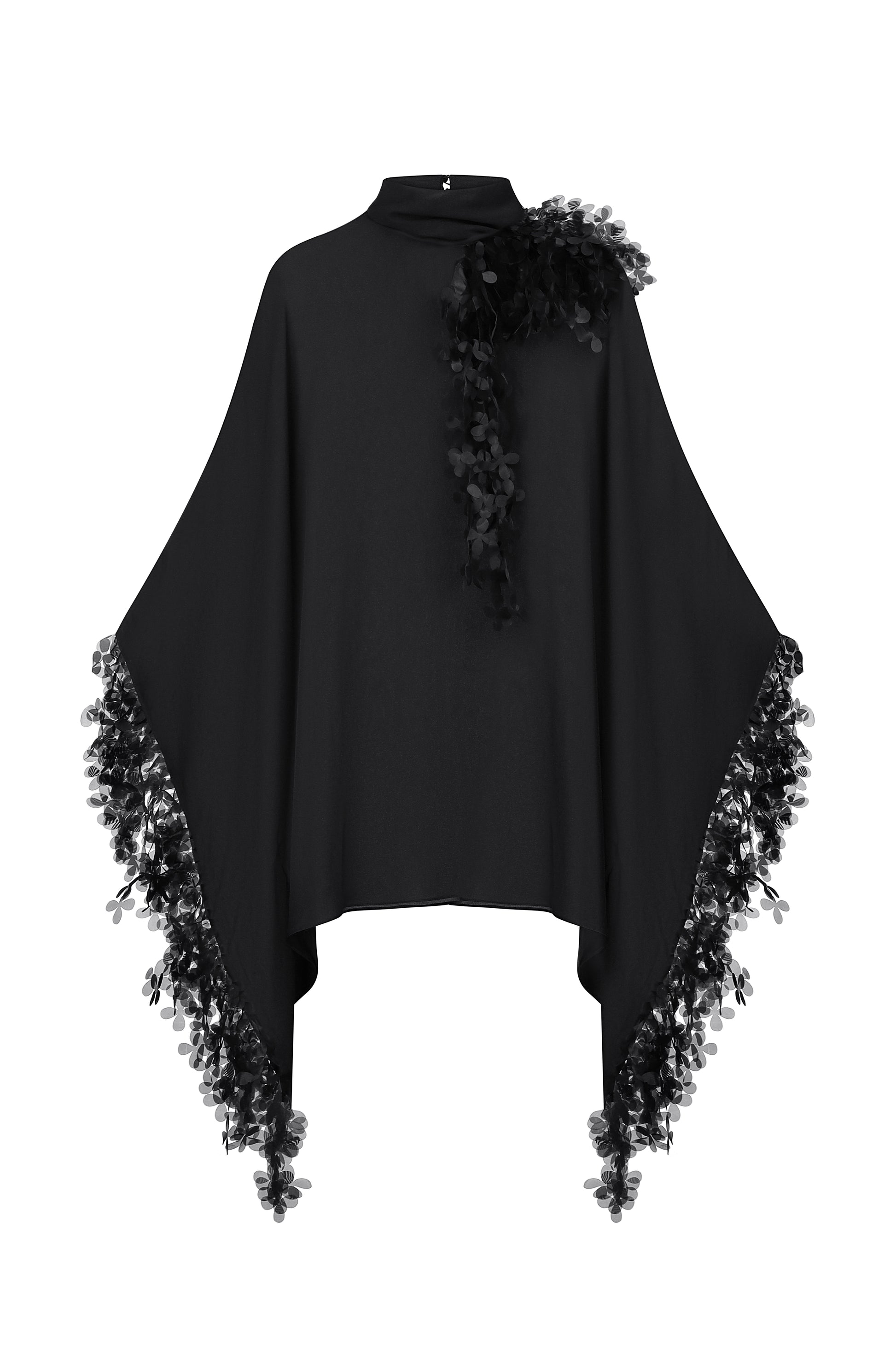Slip dress with floral appliqué cape in black