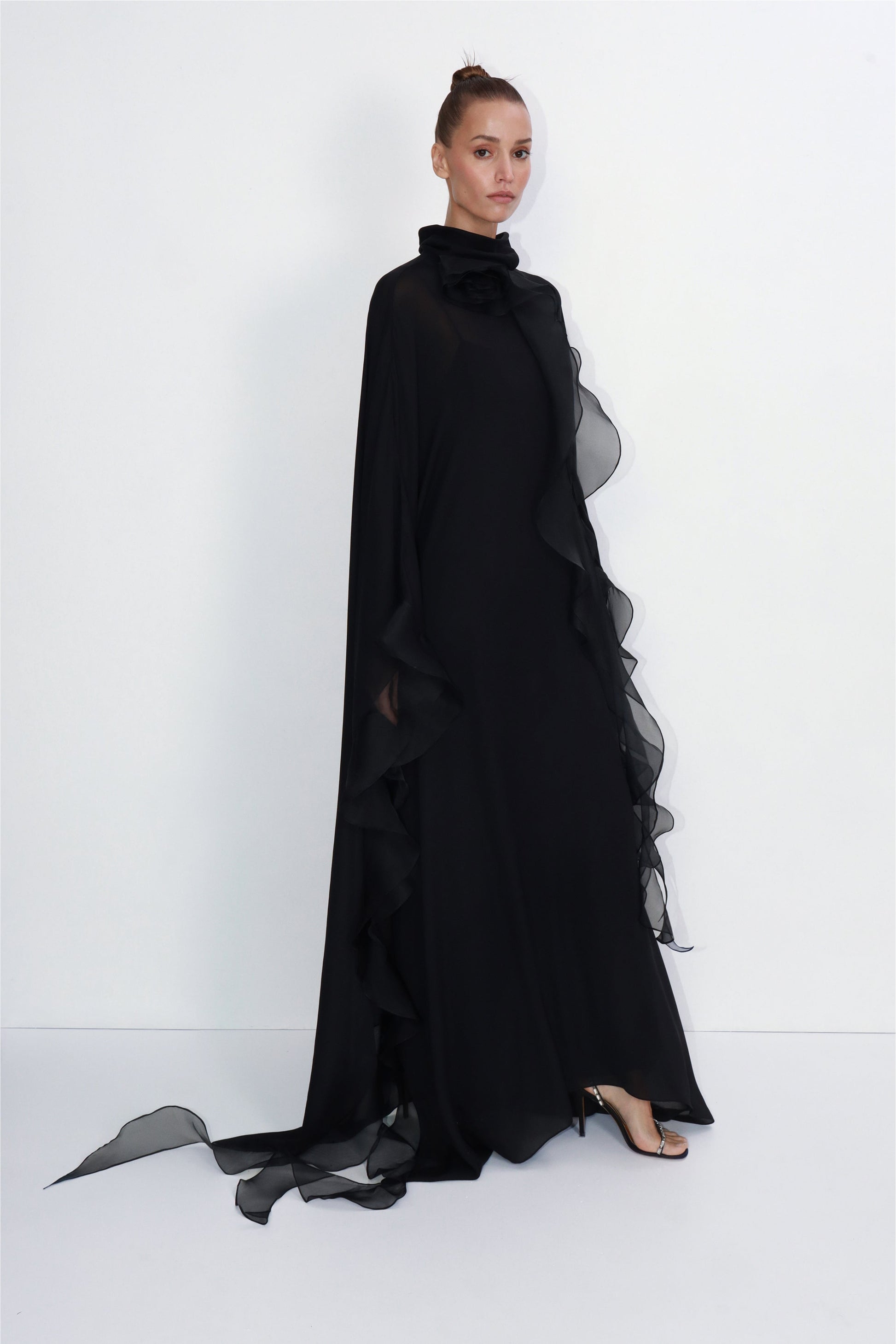 Two-piece set: slip dress with silk cape and cascading floral ruffles