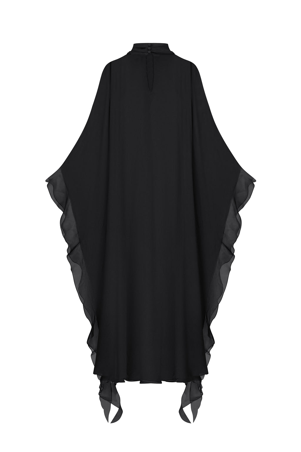 Slip dress with floral ruffle cape in black