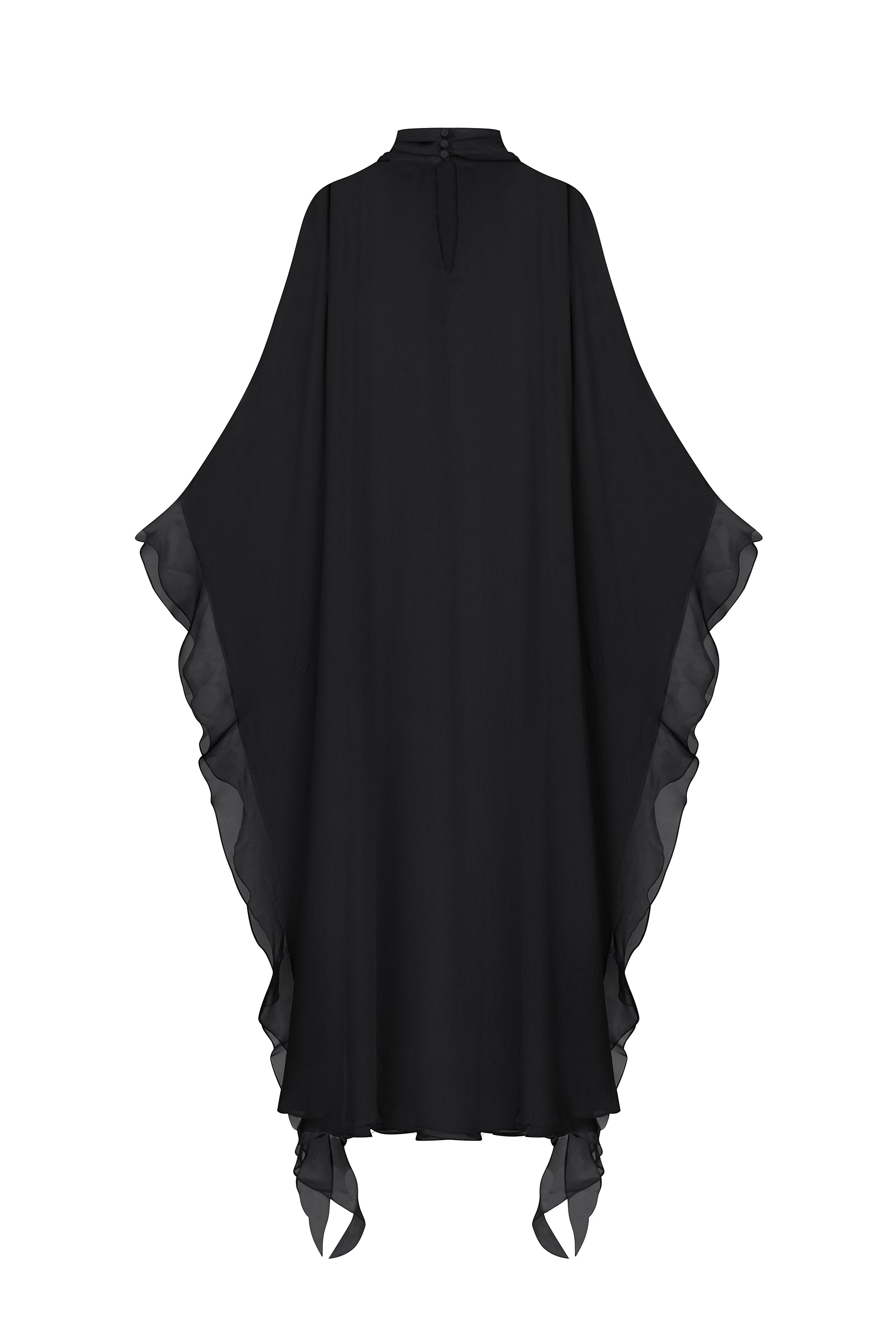 Slip dress with floral ruffle cape in black