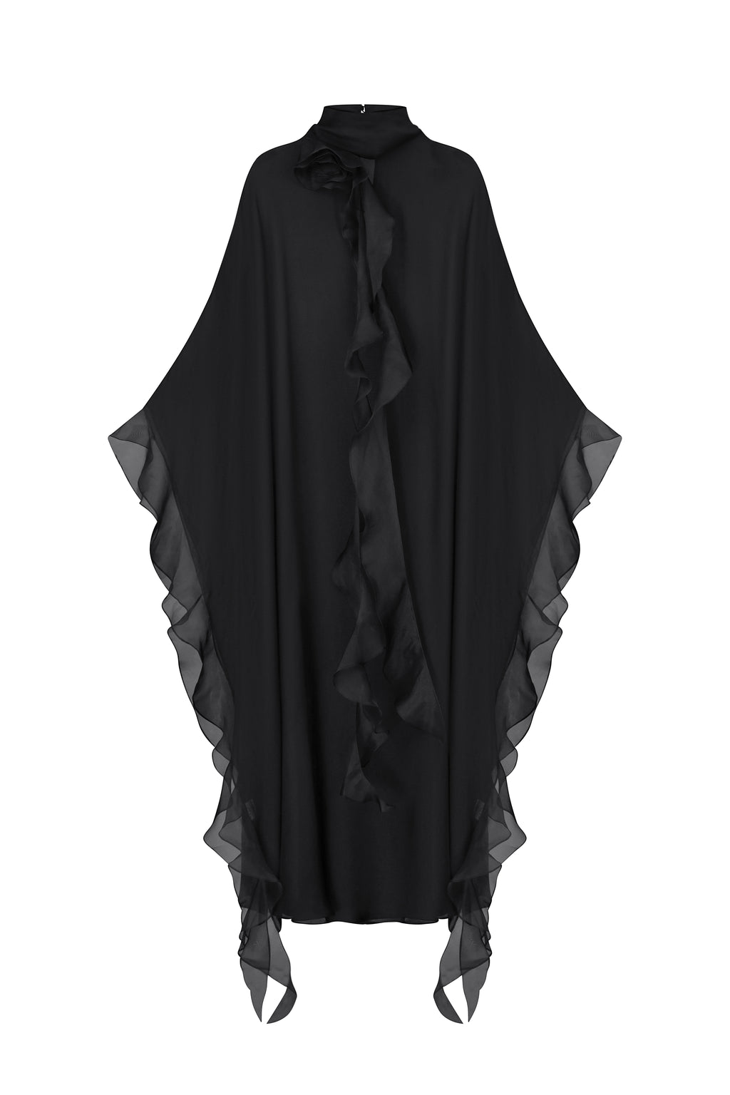 Slip dress with floral ruffle cape in black