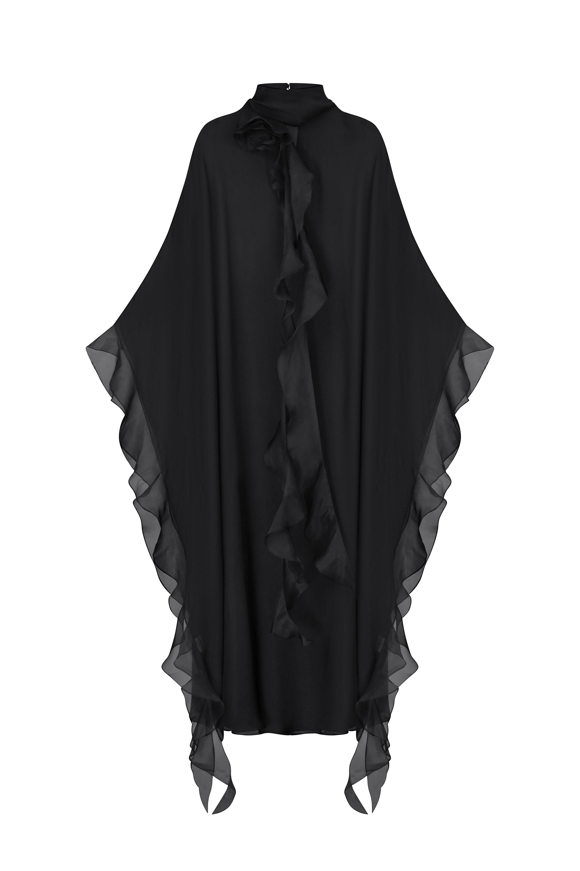 Slip dress with floral ruffle cape in black